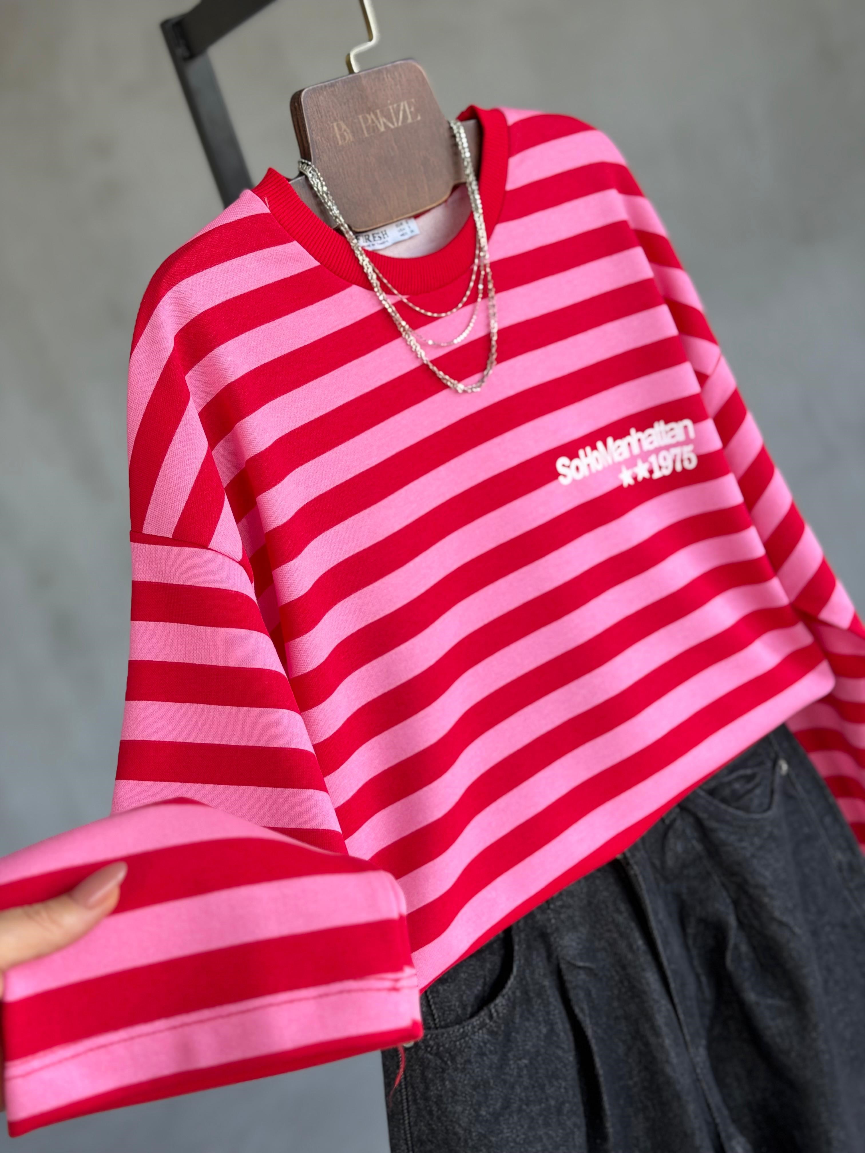SoHo Manhattan Sırt Yıldız ve Yazı Baskılı Çizgili Sweatshirt(Kırmız-Pembe)