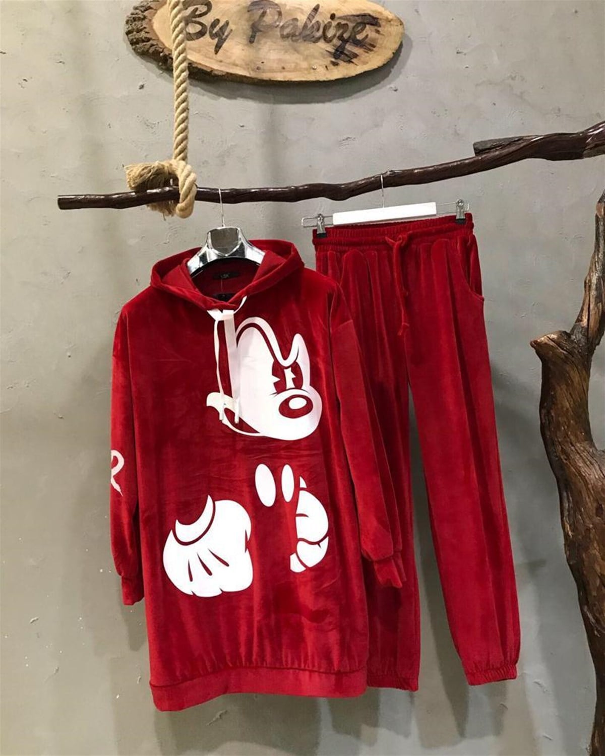 Süet Kadife Kumaş Kapşonlu Tunik Takım (KIRMIZI)