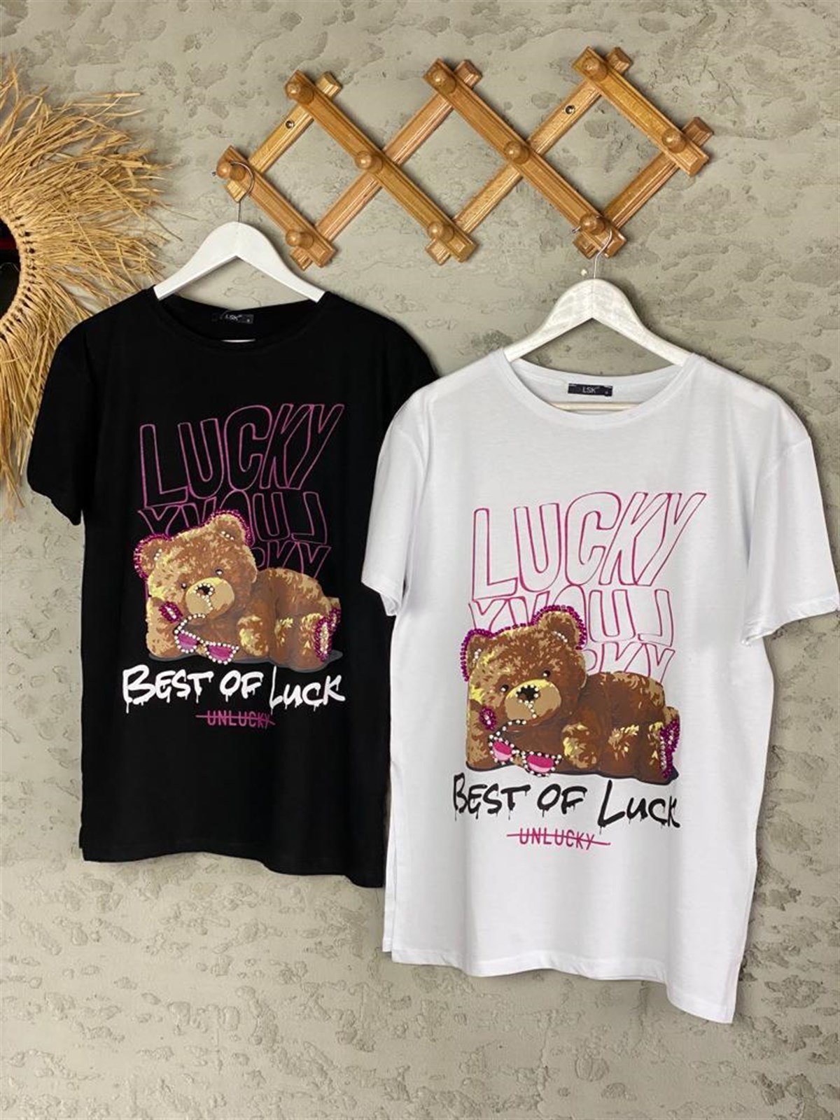 Taş İşçilikli Dinlenen Teddy Bear Tshirt (Siyah/Beyaz)