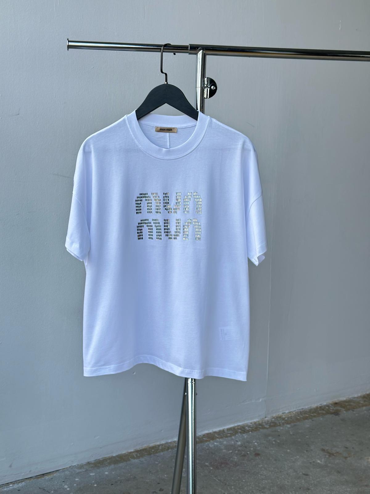 Taş İşçilikli Oversize Tişört (Beyaz)