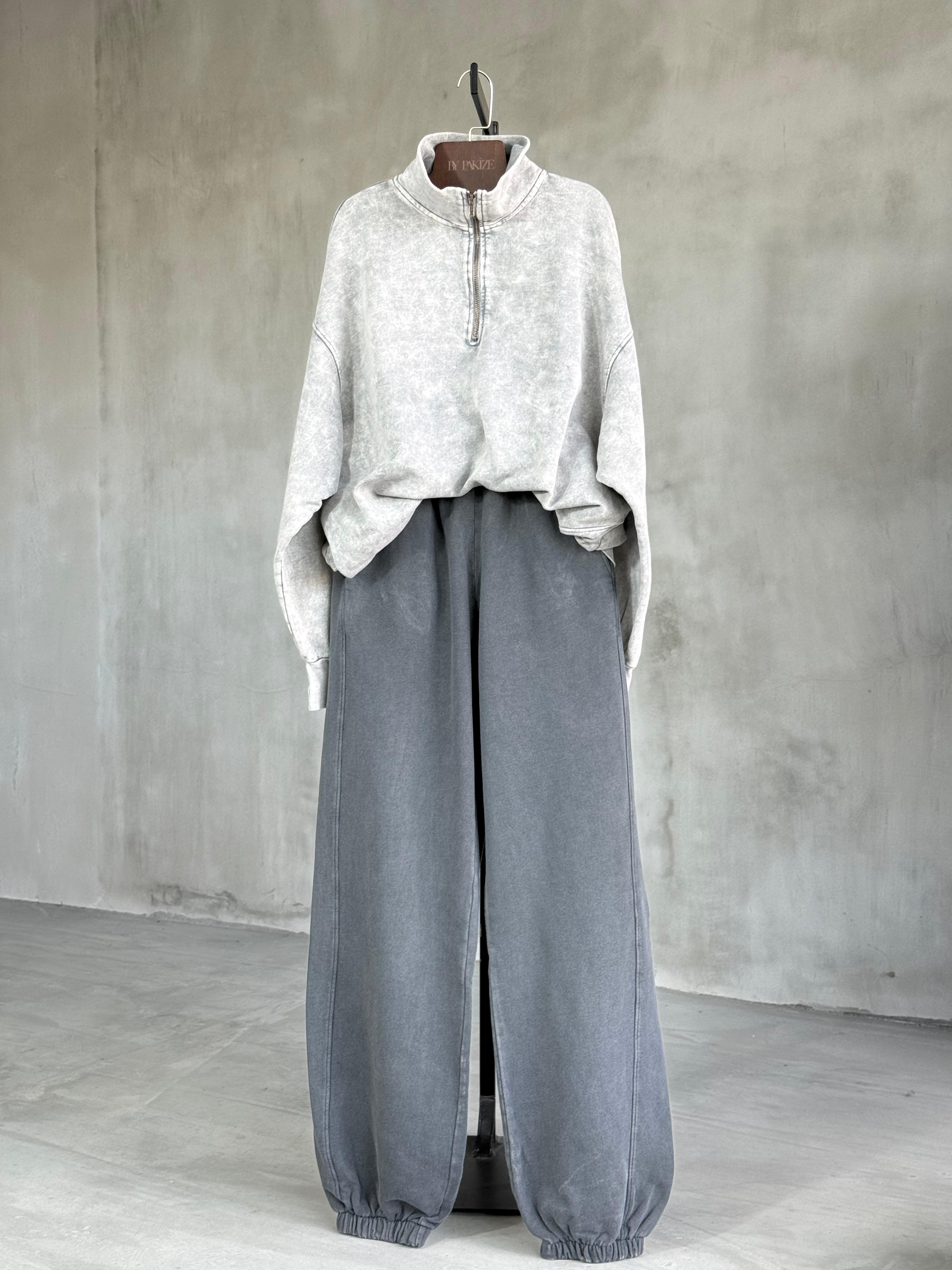 Taş Yıkamalı Yarım Fermuarlı Sweat & Pantolon Takım (Gri)