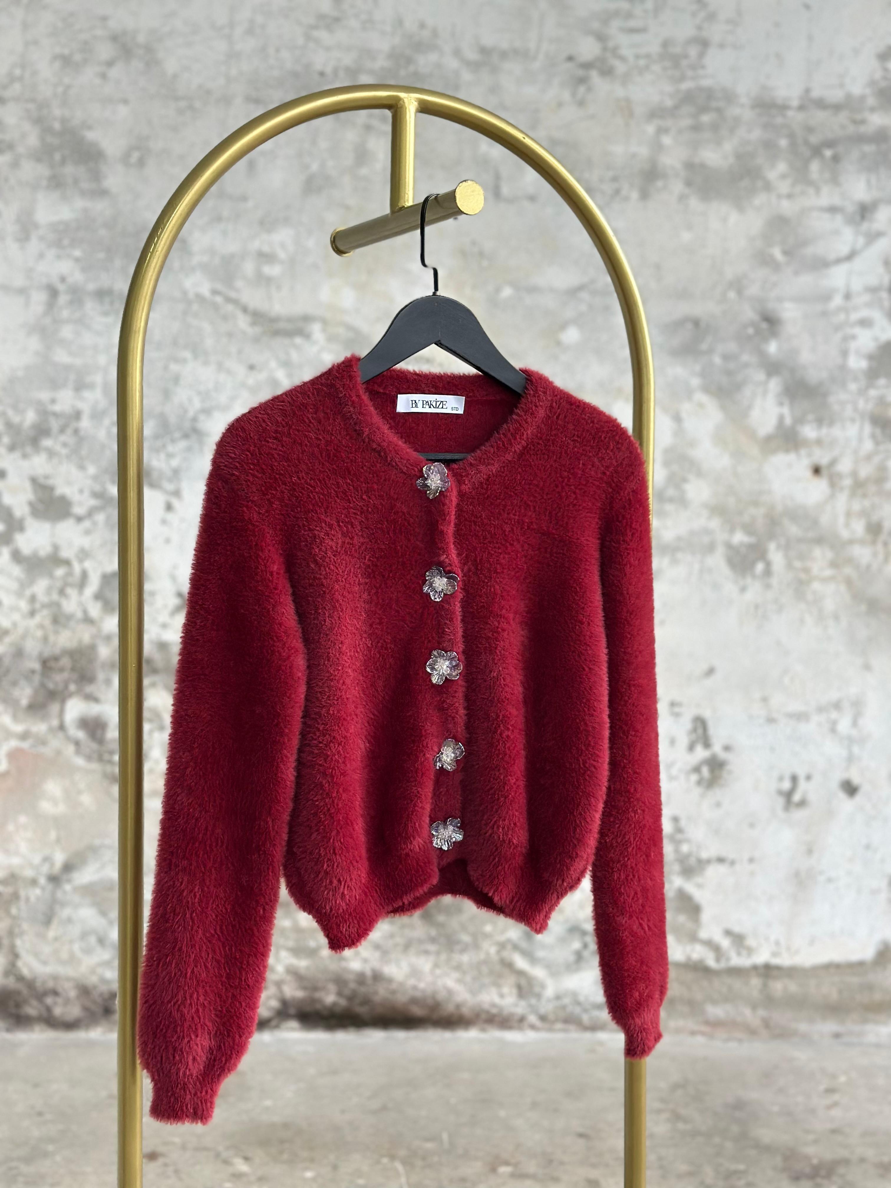 Tasarım Çiçek Düğmeli Angora Hırka (Bordo)