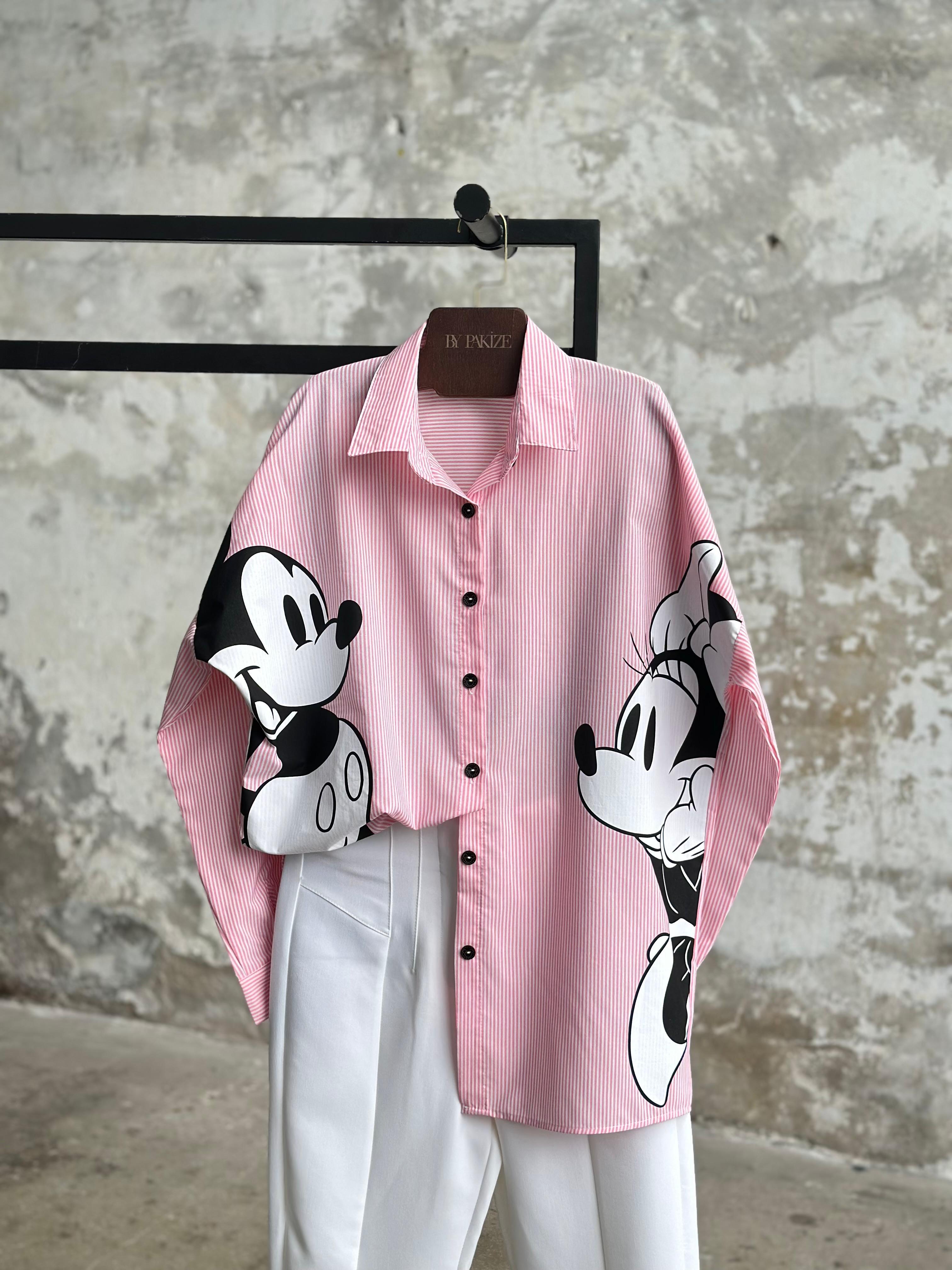 Tasarım Çizgili Mickey Mause Baskılı Boyfriend  Gömlek (Pembe)