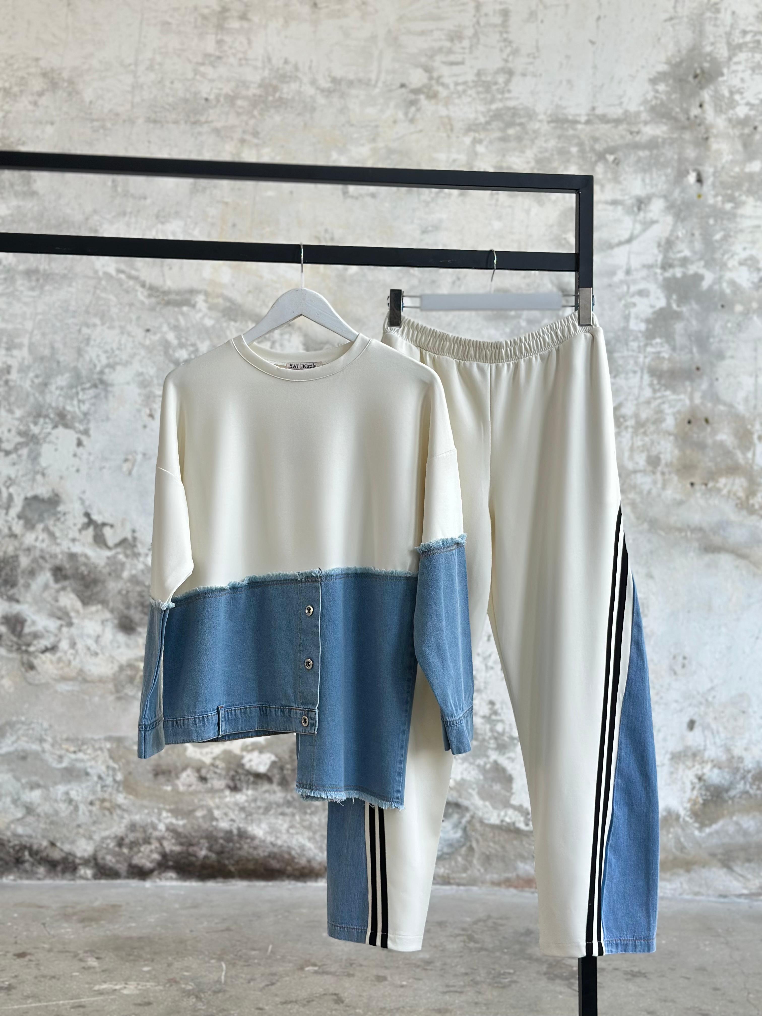 Tasarım Denim Kot Şerit Detaylı Takım (Beyaz)