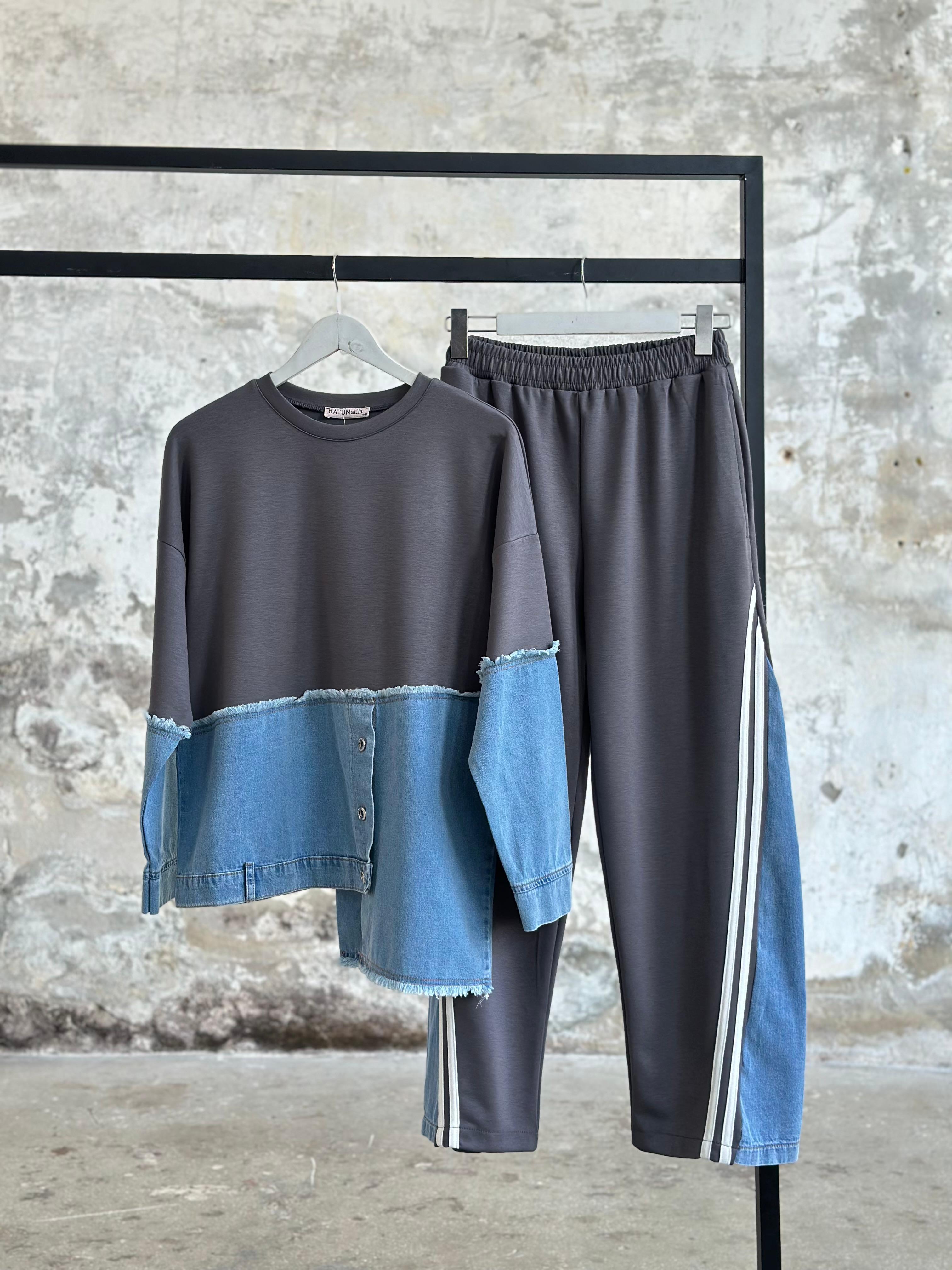 Tasarım Denim Kot Şerit Detaylı Takım (Antrasit)