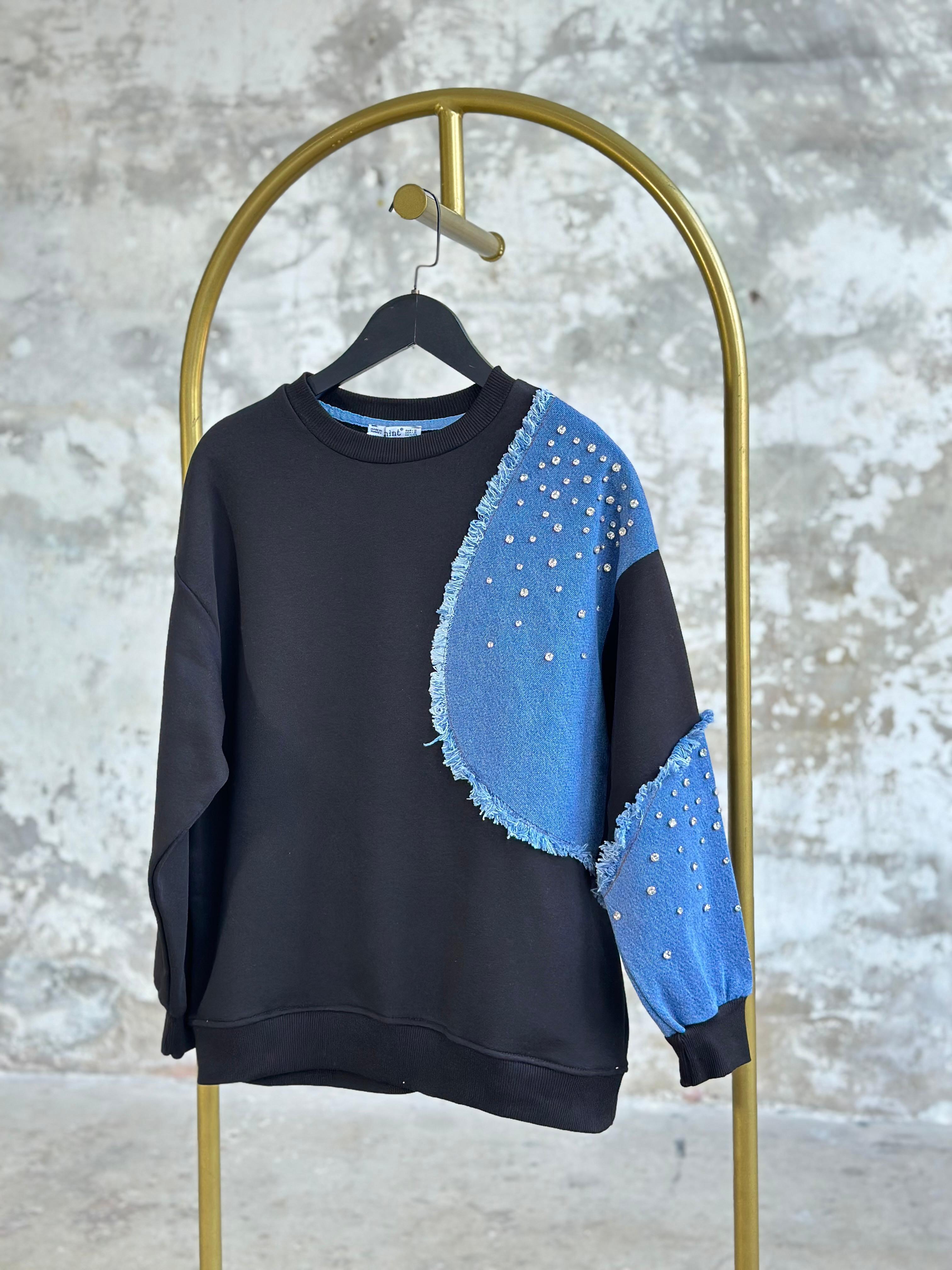 Tasarım Denim Kot Üzerine Kristal Taş İşçilikli Sweat (Siyah)