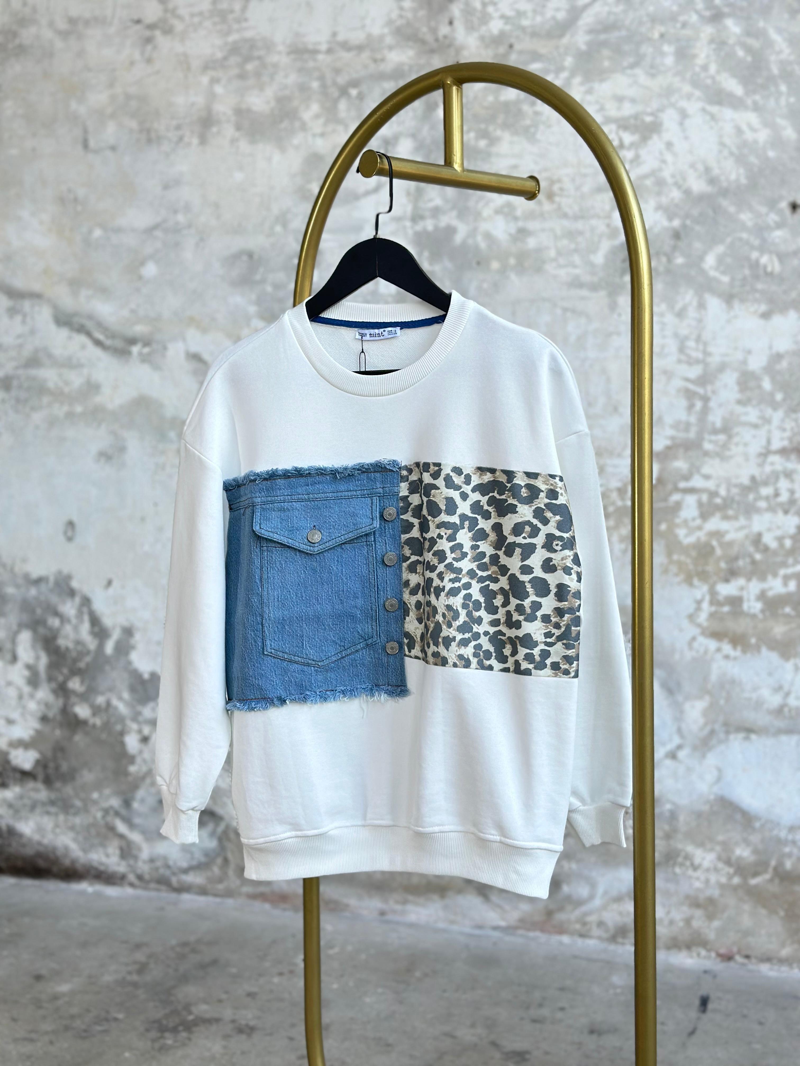Tasarım Denim Kot Ve Leopar Geçişli Sweat (Beyaz)