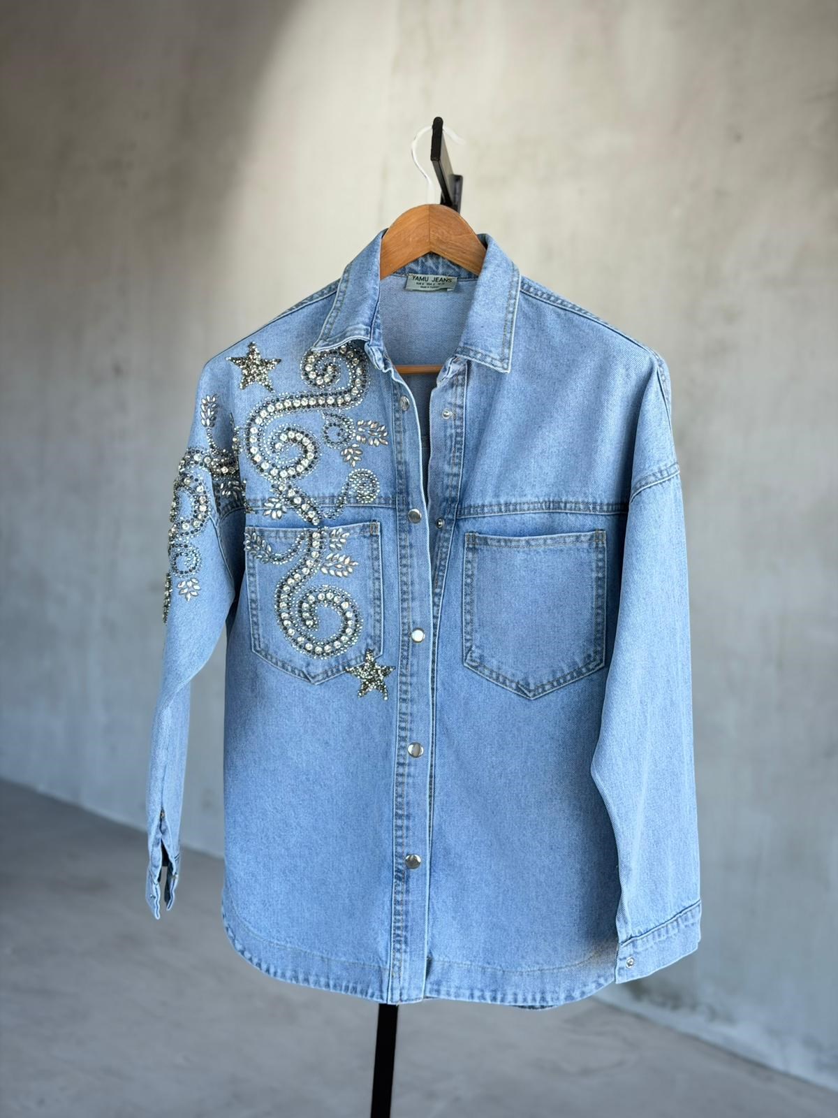Tasarım İri Kristal Taş İşlemeli Denim Gömlek(Mavi)