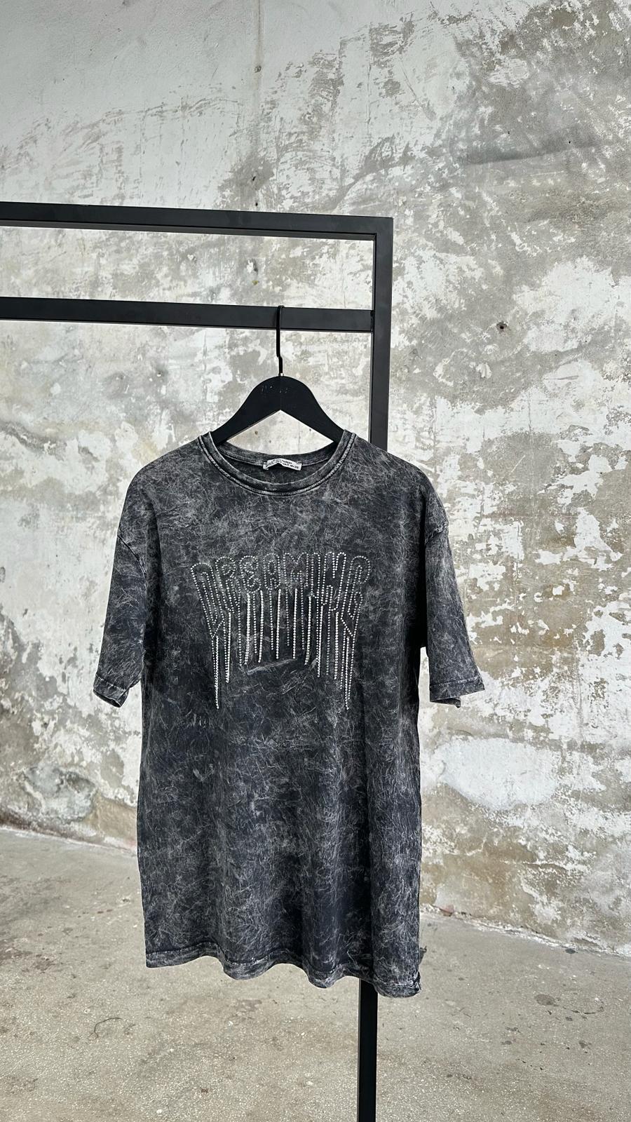 Tasarım Kristal Taş Salkımlı T-Shirt (Koyu Gri Melanj)