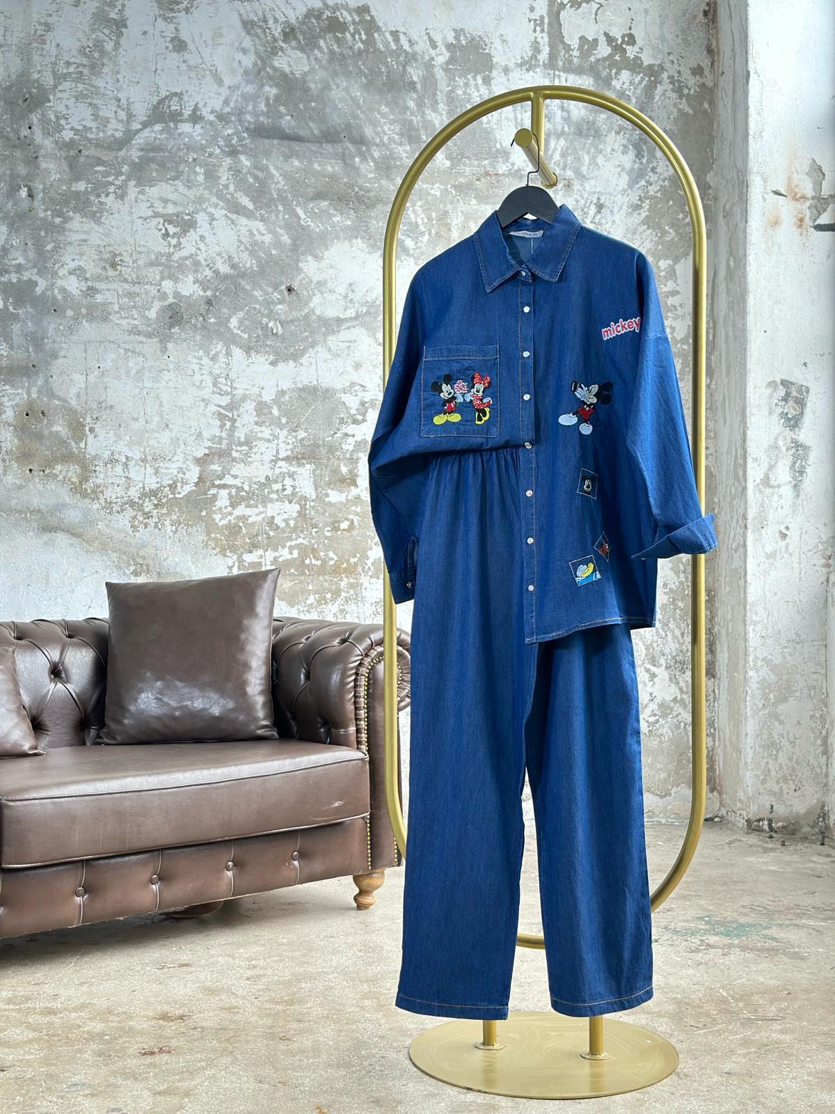 Tasarım Mickey Nakış İşlemeli Denim Takım (Mavi)