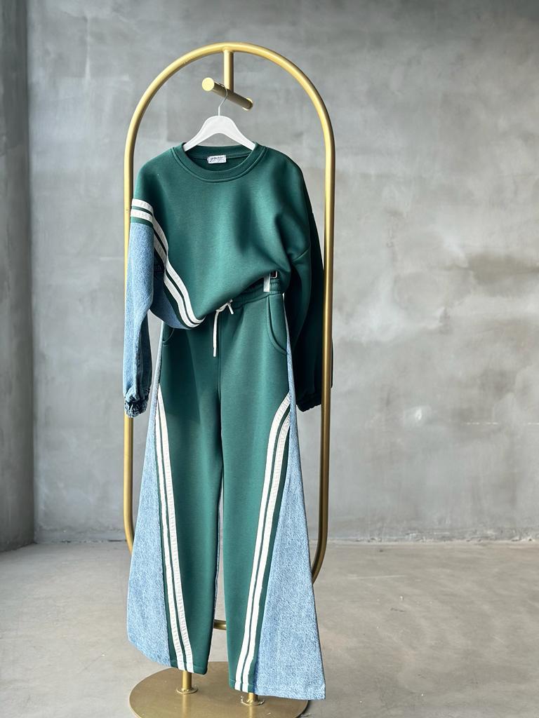 Tasarım Model Denim Kot Detay Şeritli Takım (Yeşil)