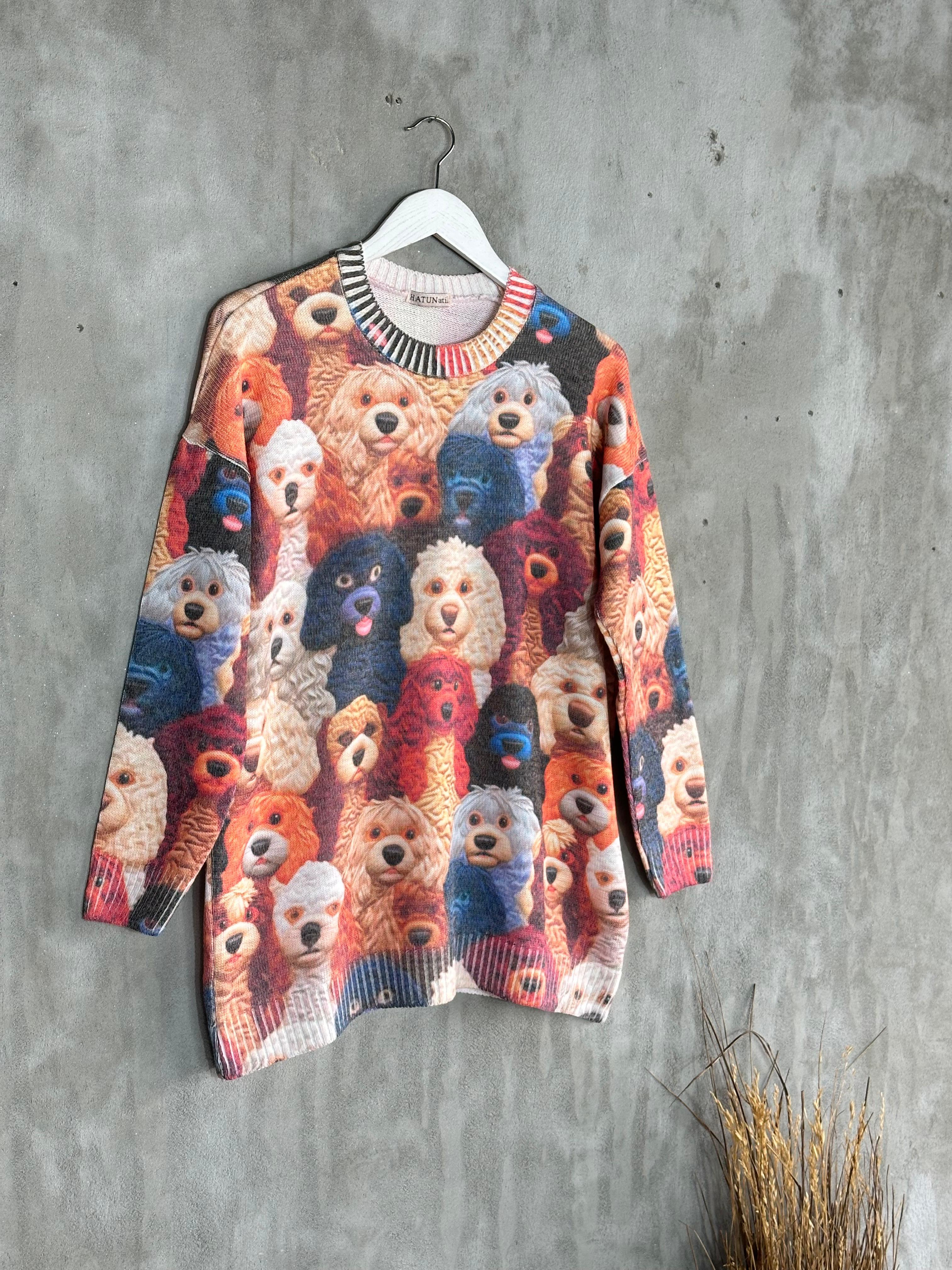 Tasarım Model Köpek Desenli Tunik Kazak (Karışık Renk)