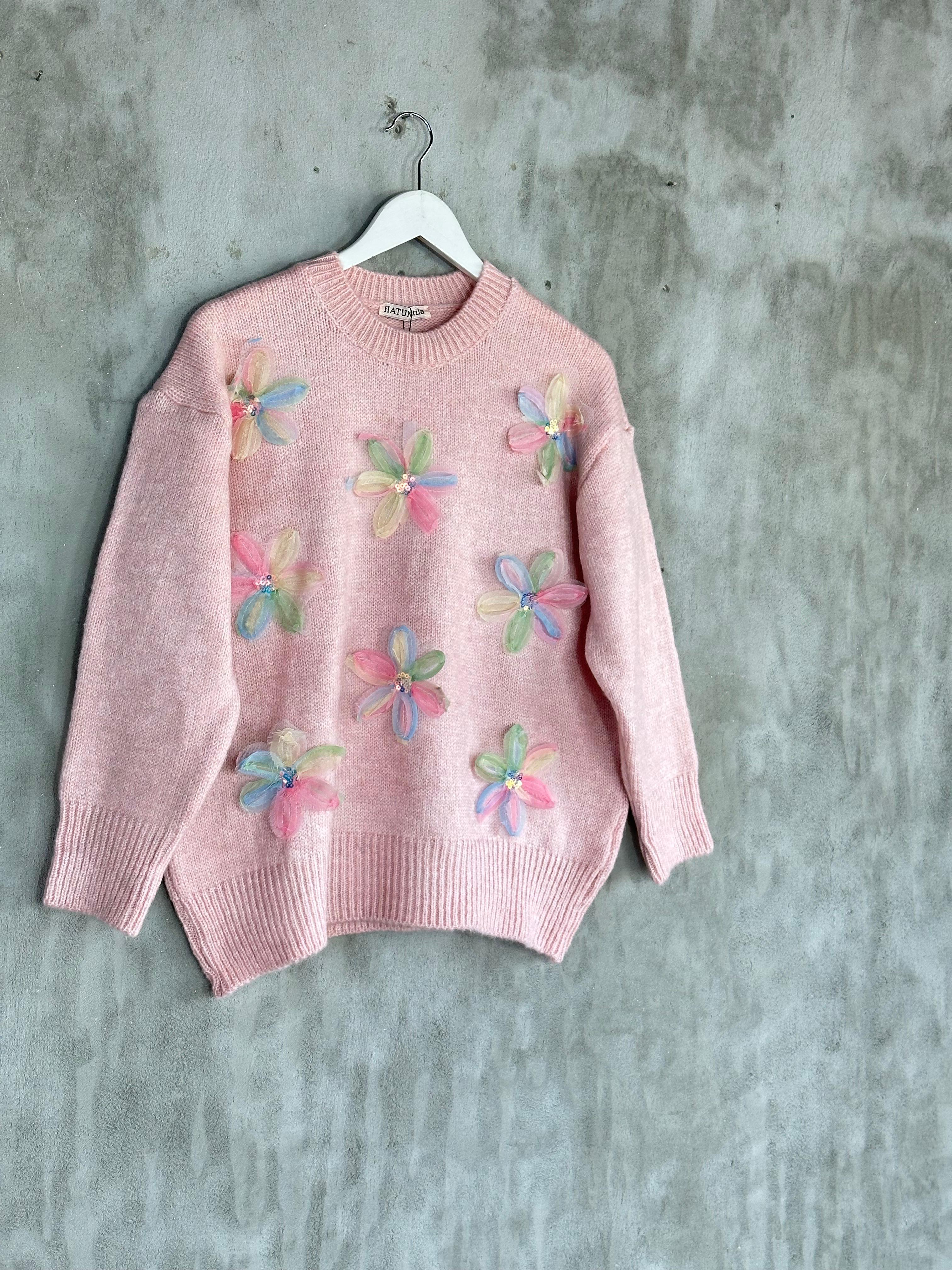 Tasarım Organze Çiçekli Örgü Kazak (Pembe)