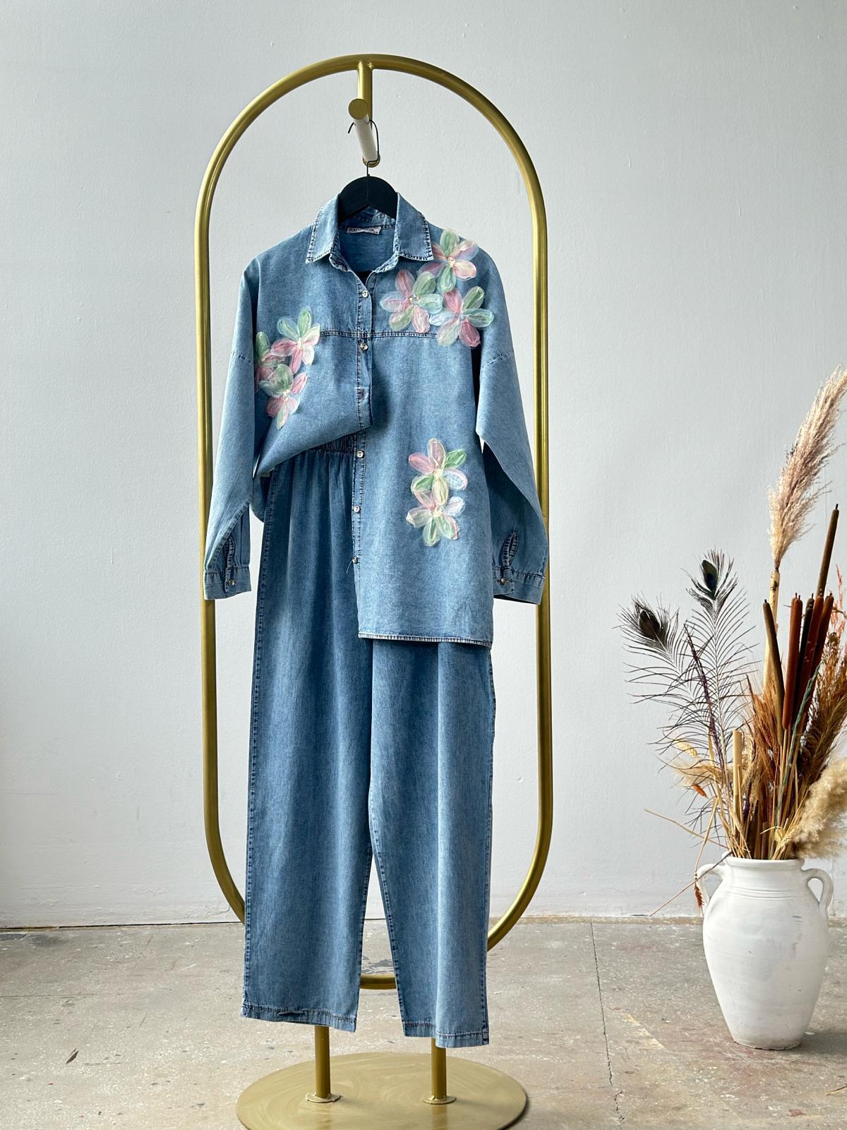 Tasarım Organze Kumaş Çiçek Desenli Denim Takım (Buz Mavisi)