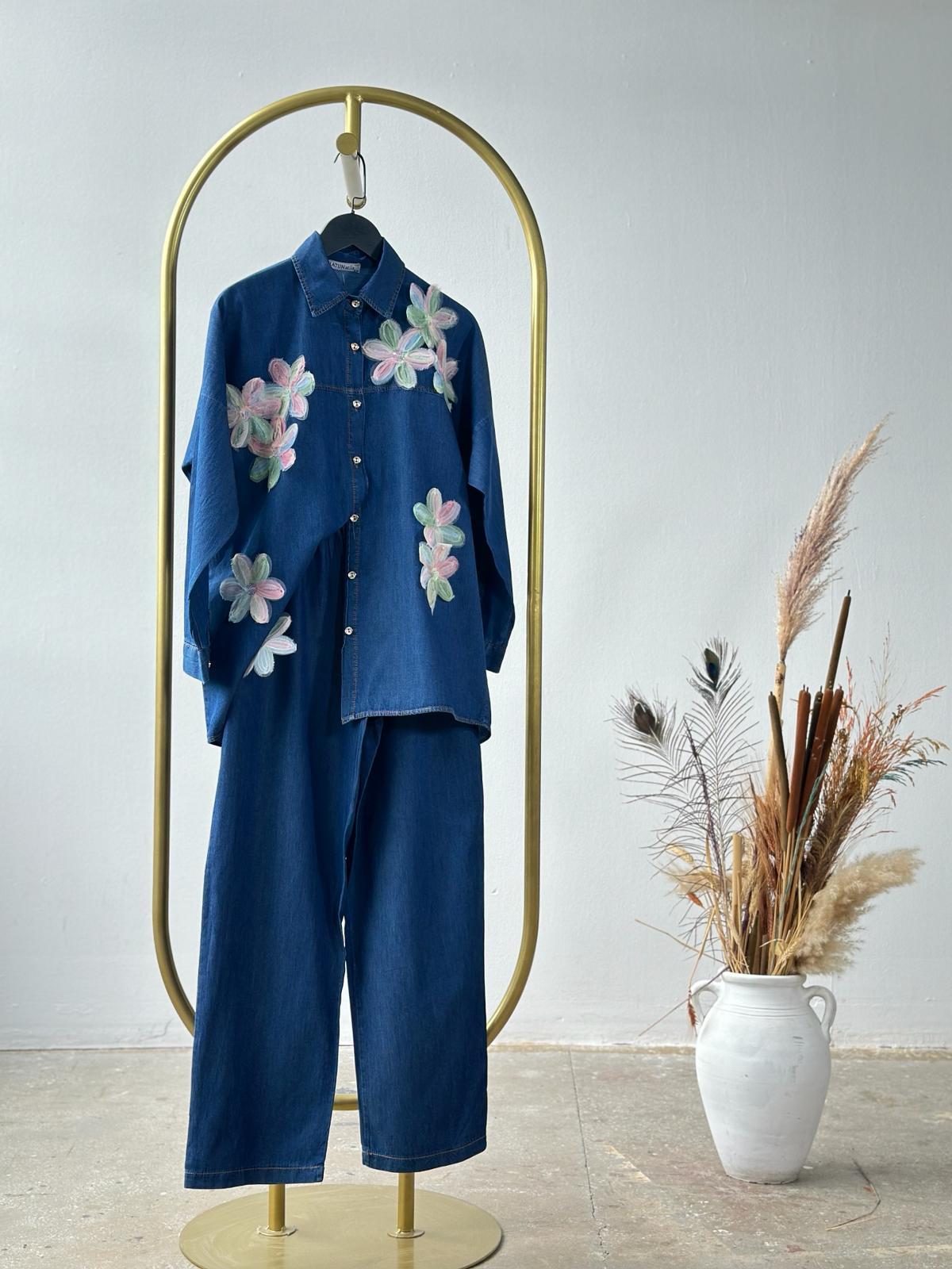 Tasarım Organze Kumaş Çiçek Desenli Denim Takım (Mavi)