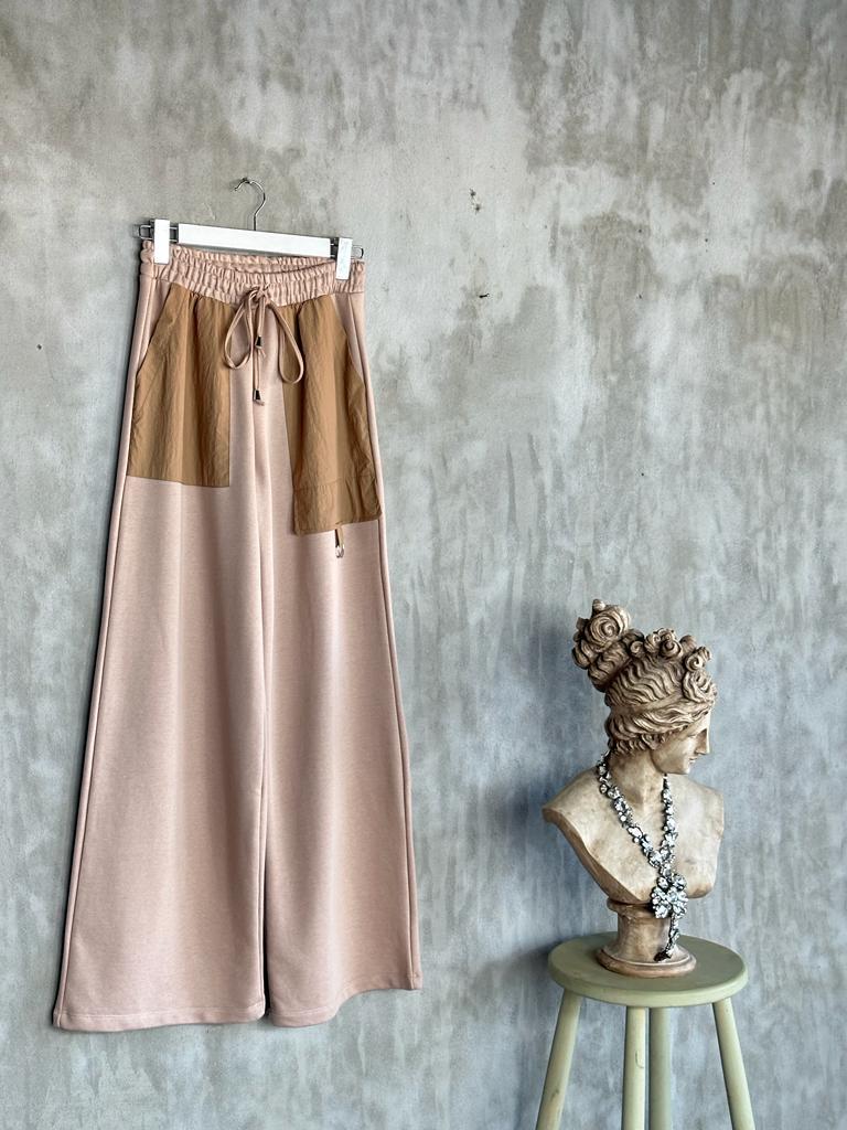 Tasarım Paraşüt Cep Detaylı Bol Paça Pantolon (Bej)