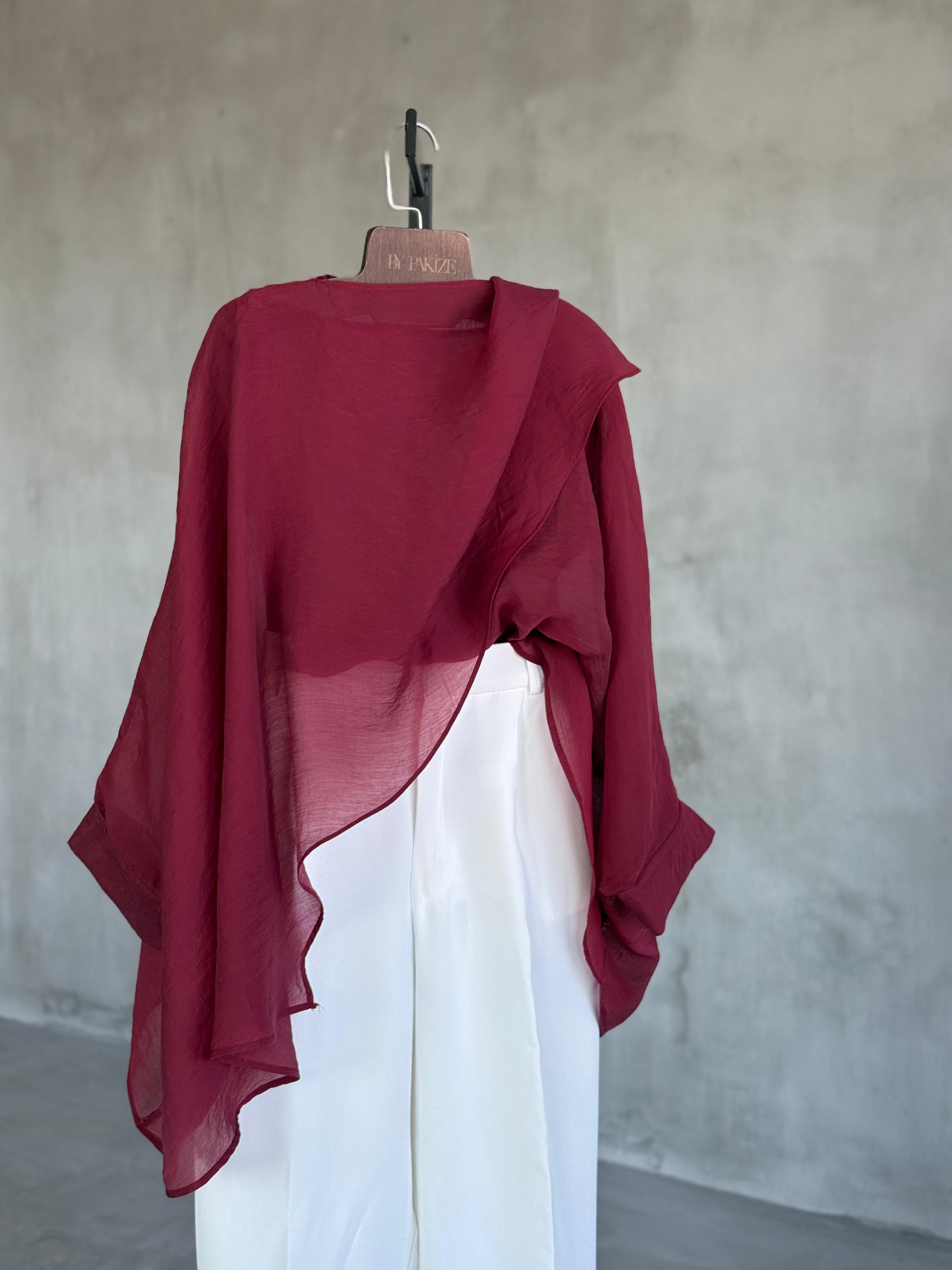 Tasarım Pelerin Şifon Bluz (Bordo)