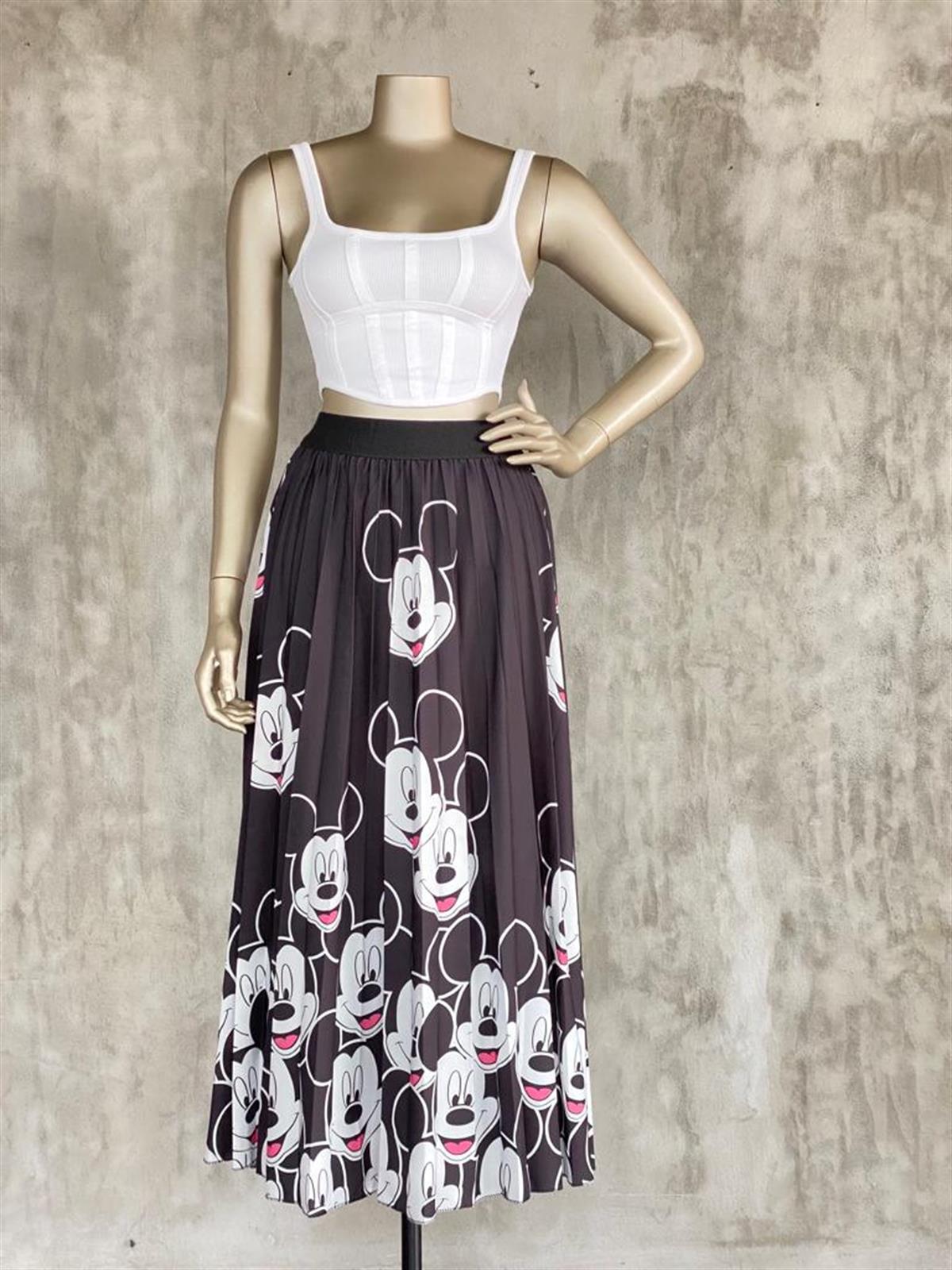 Tasarım Piliseli Mickey Mouse  Desenli Etek (Siyah)
