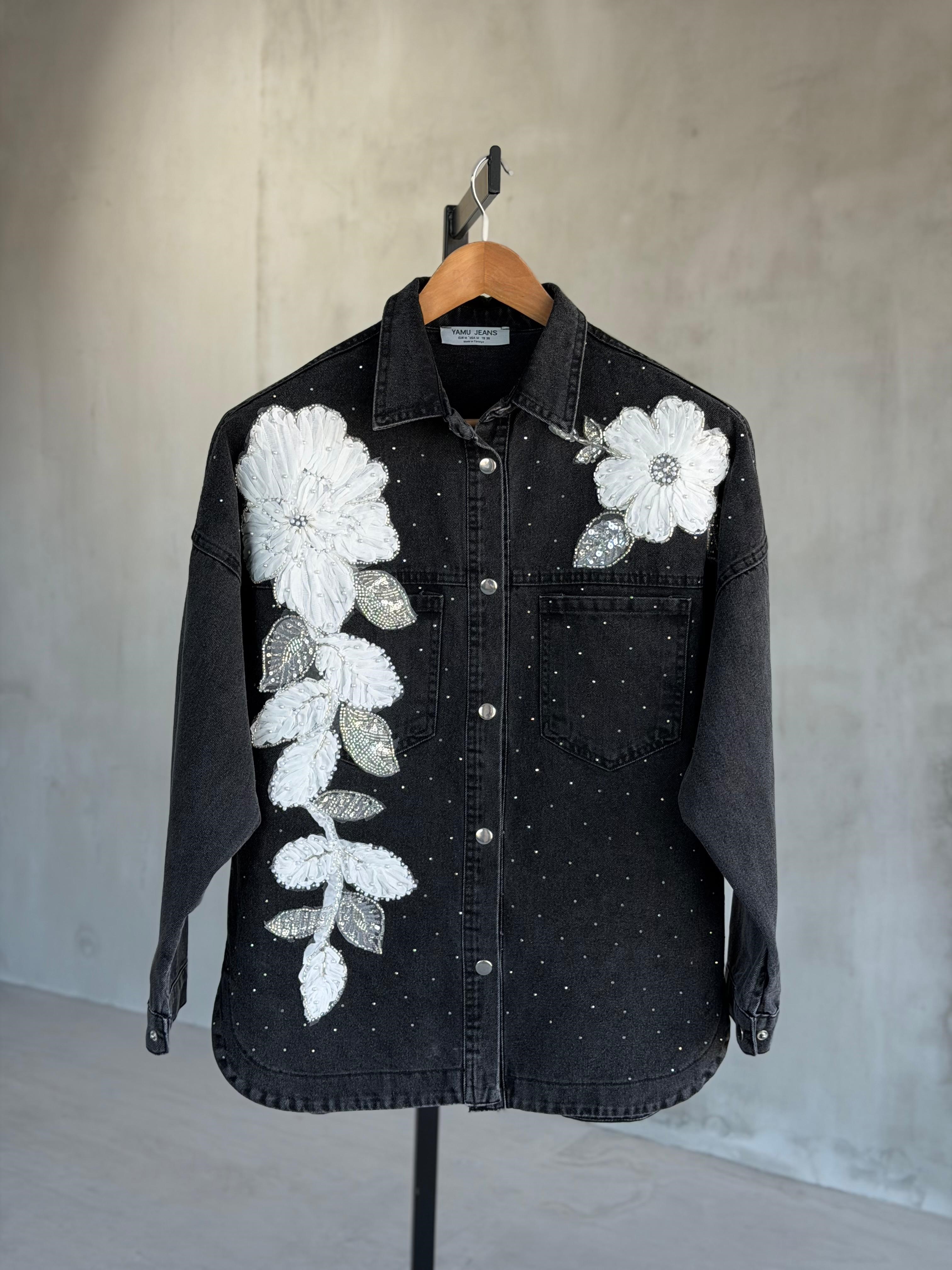 Tasarım Serpme Kristal Taşlı Denim Gömlek(Siyah)