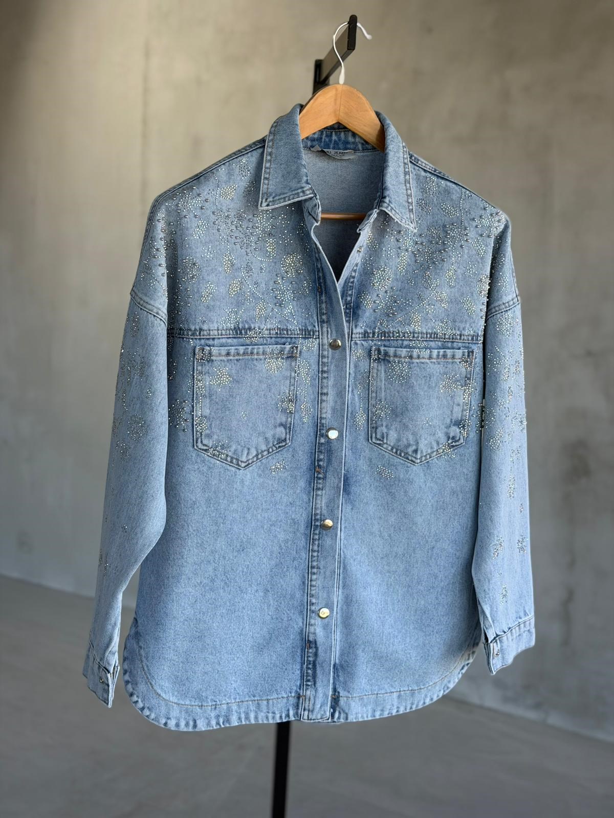 Tasarım Serpme Kristal Taşlı Denim Gömlek(Mavi)