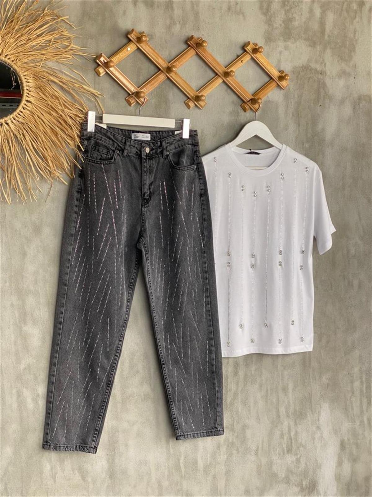 Tasarım Sıralı Taş İşlemeli Mom Jean (Antrasit)