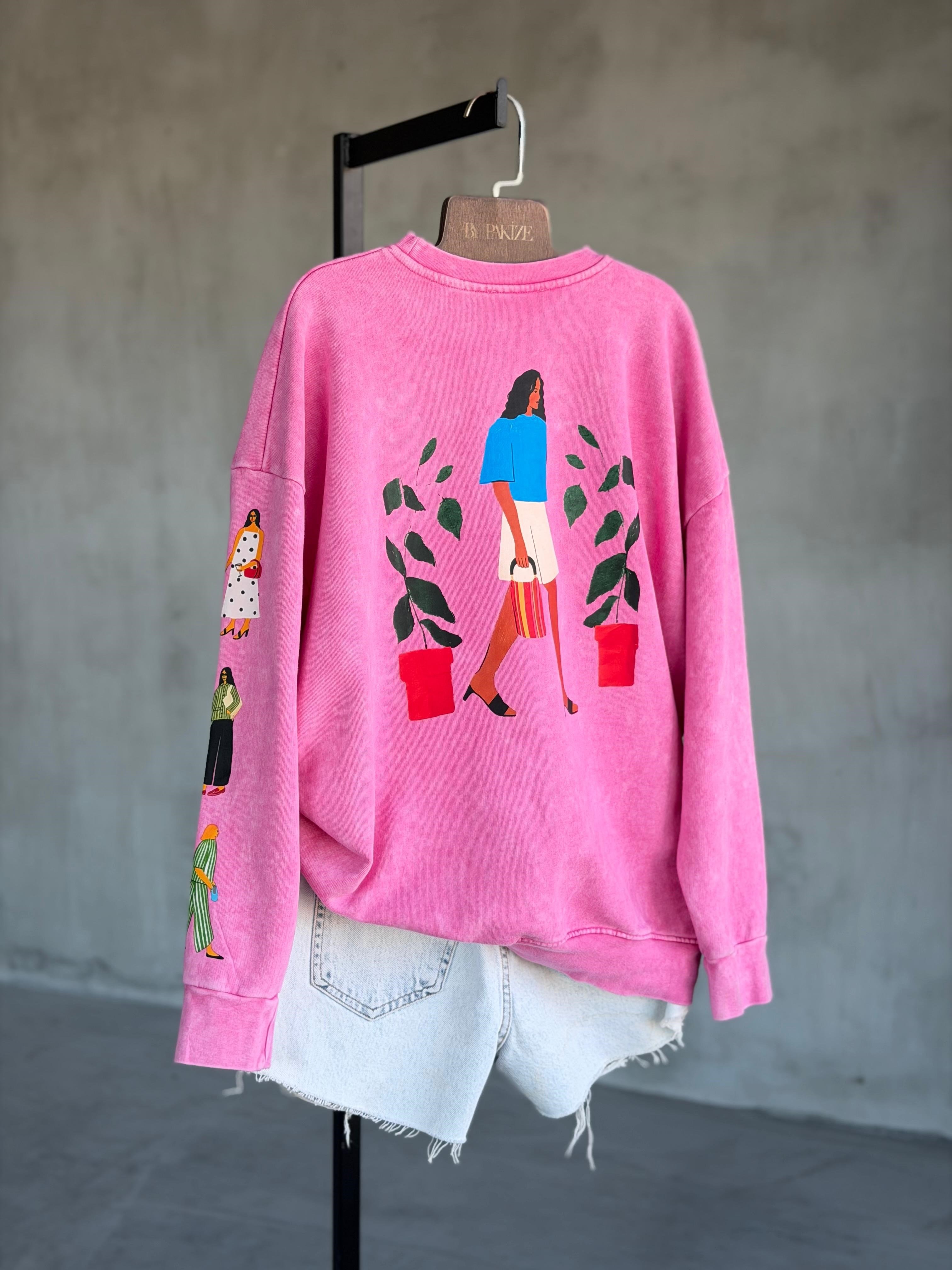 Tasarım Sırt Baskılı Taş Yıkamalı Sweat ( Pembe)