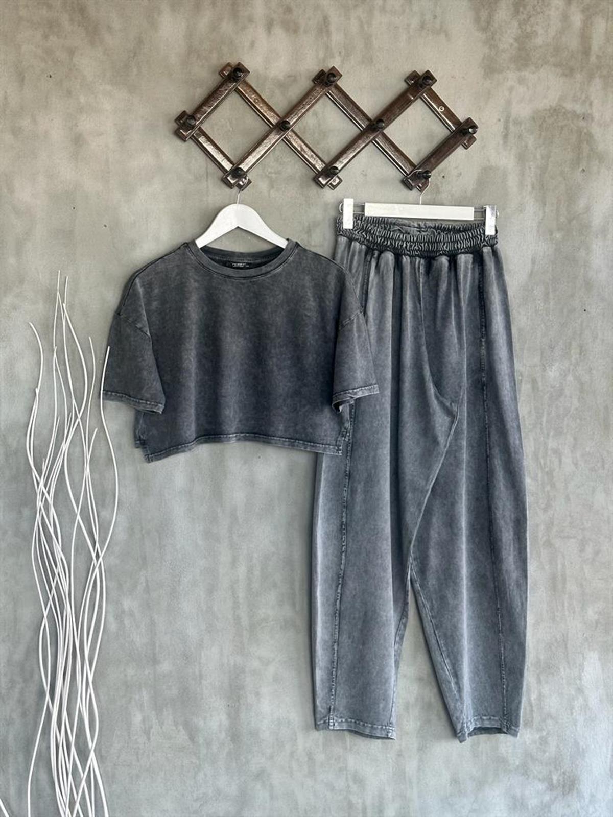 Tasarım Taş Yıkamalı Şalvar Model Pantolon Ve Crop Tişörtlü Takım (Koyu Gri Melanj)