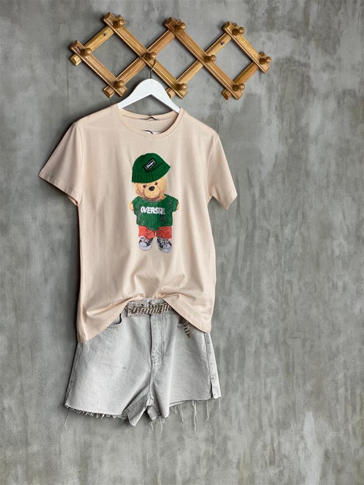 Teddy Bear Taşlı Tişört (Ten Rengi)