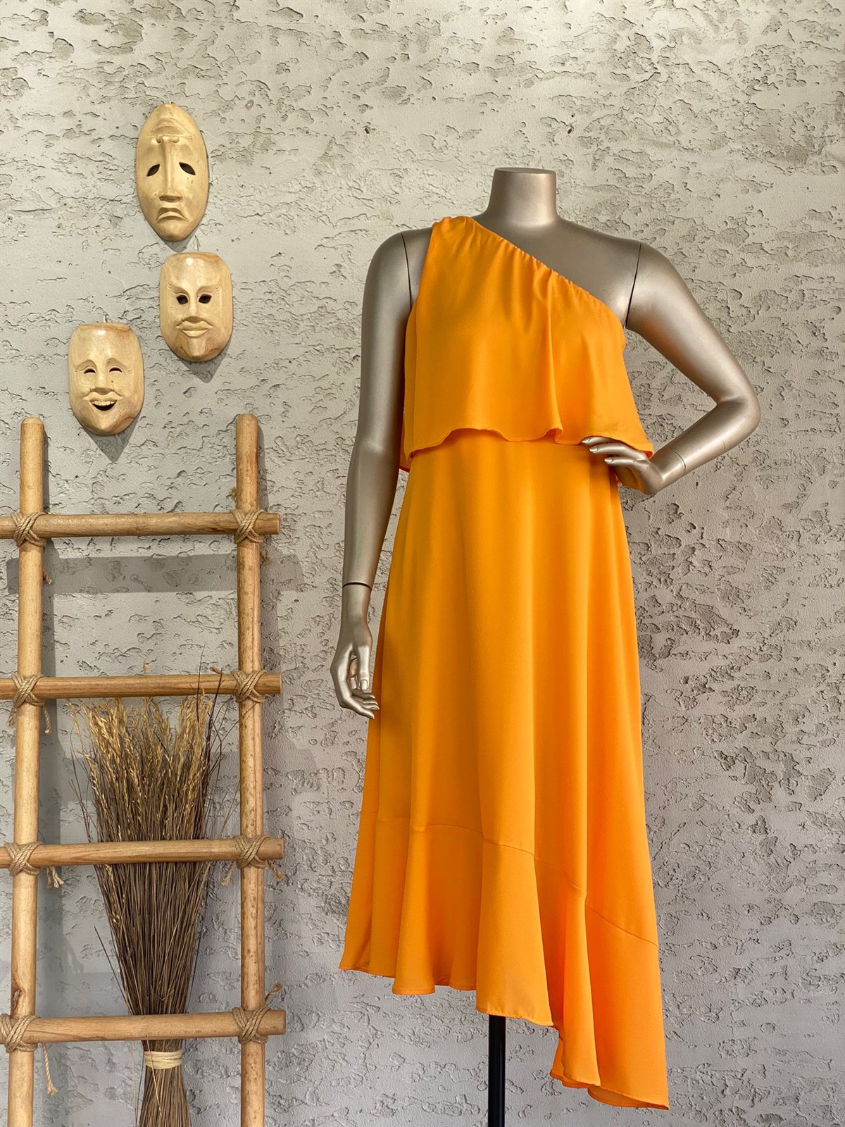 Tek Omuz Astarlı Şifon Elbise (Oranj)