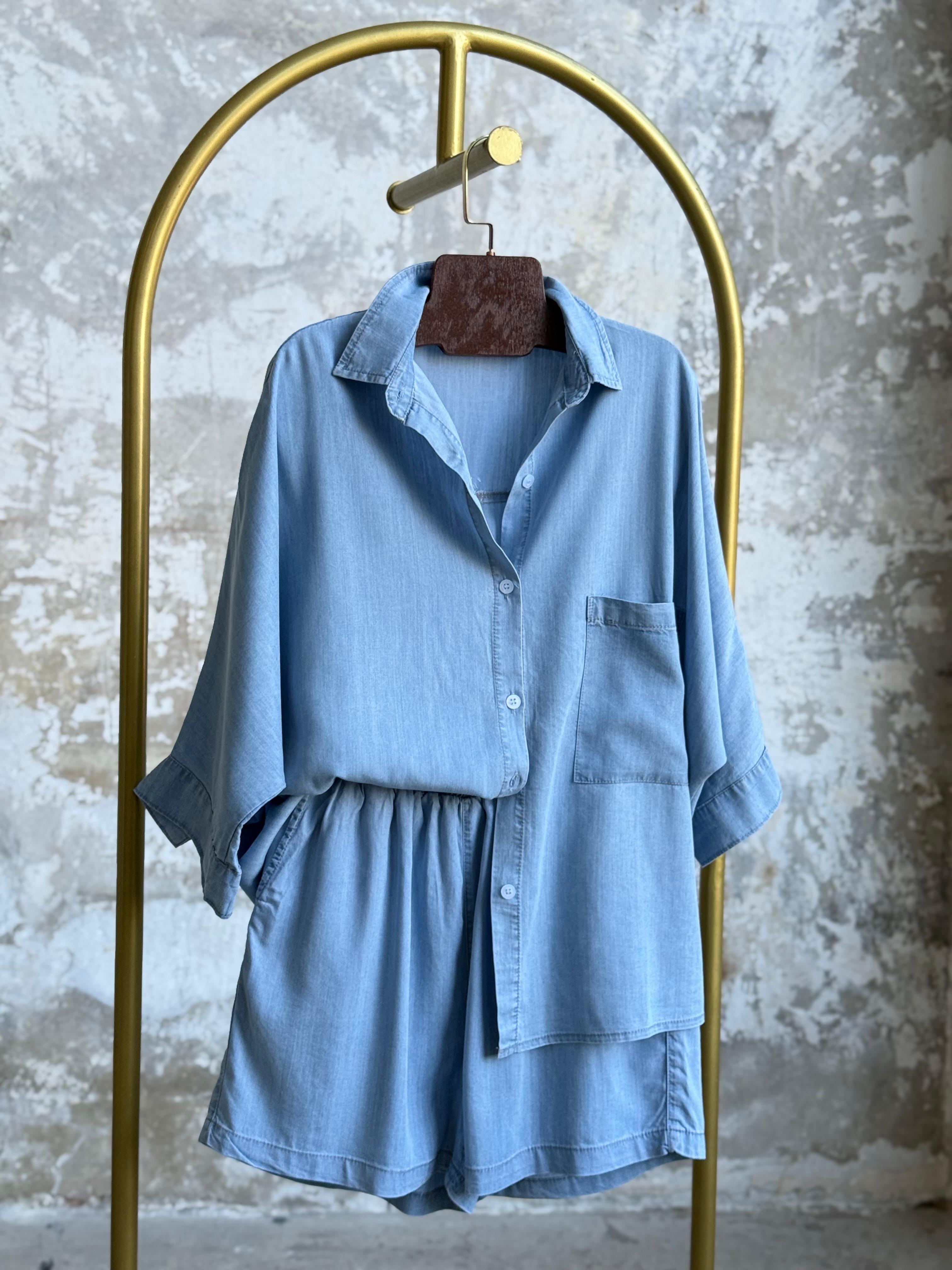 Tensel Kumaş Oversize Şortlu Takım (Buz Mavisi)