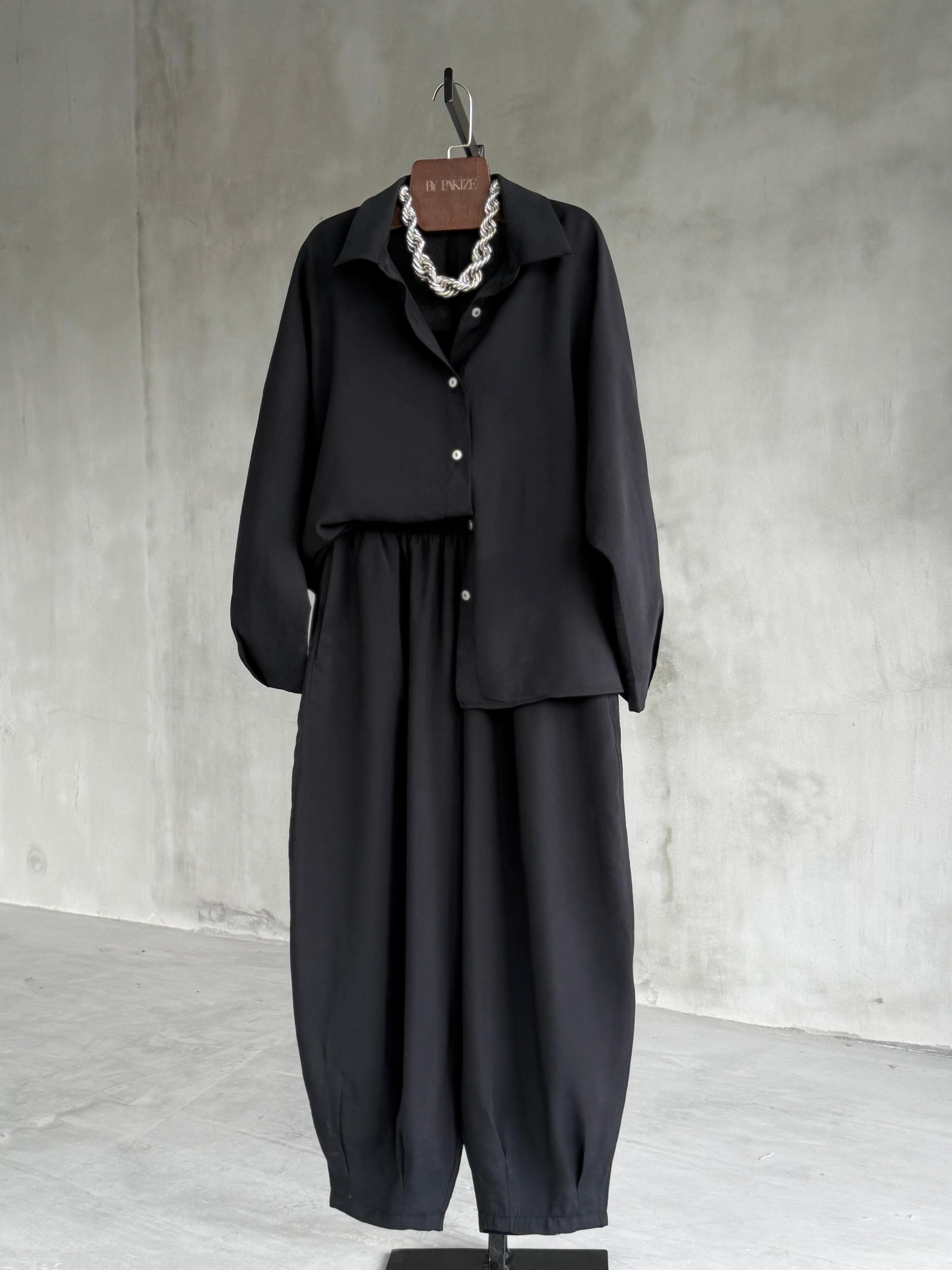 Tensel Kumaş Şalvar Model Takım (Siyah)