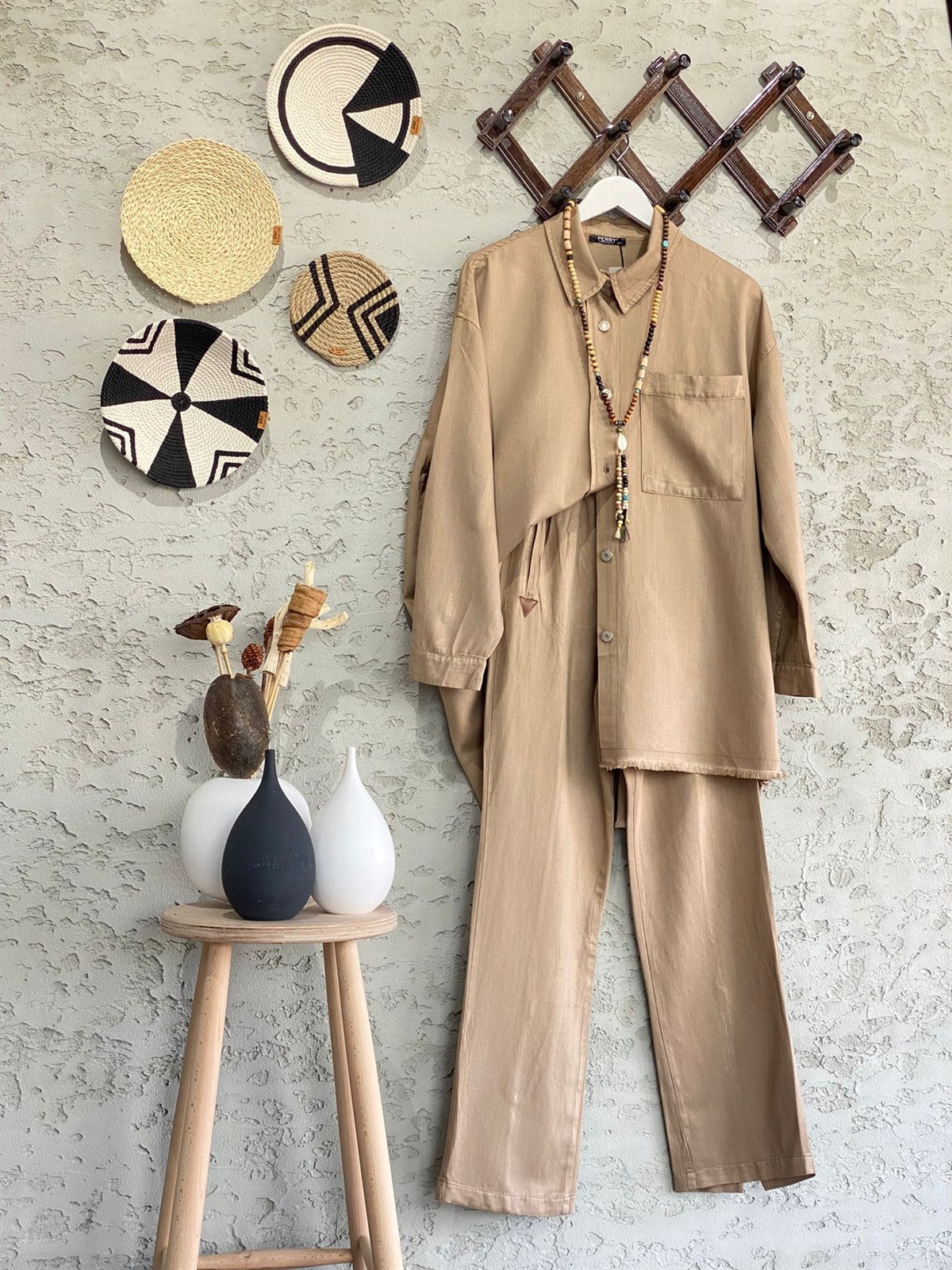 TenselPüsküllü Gömlek Ve Pantolon (Camel)