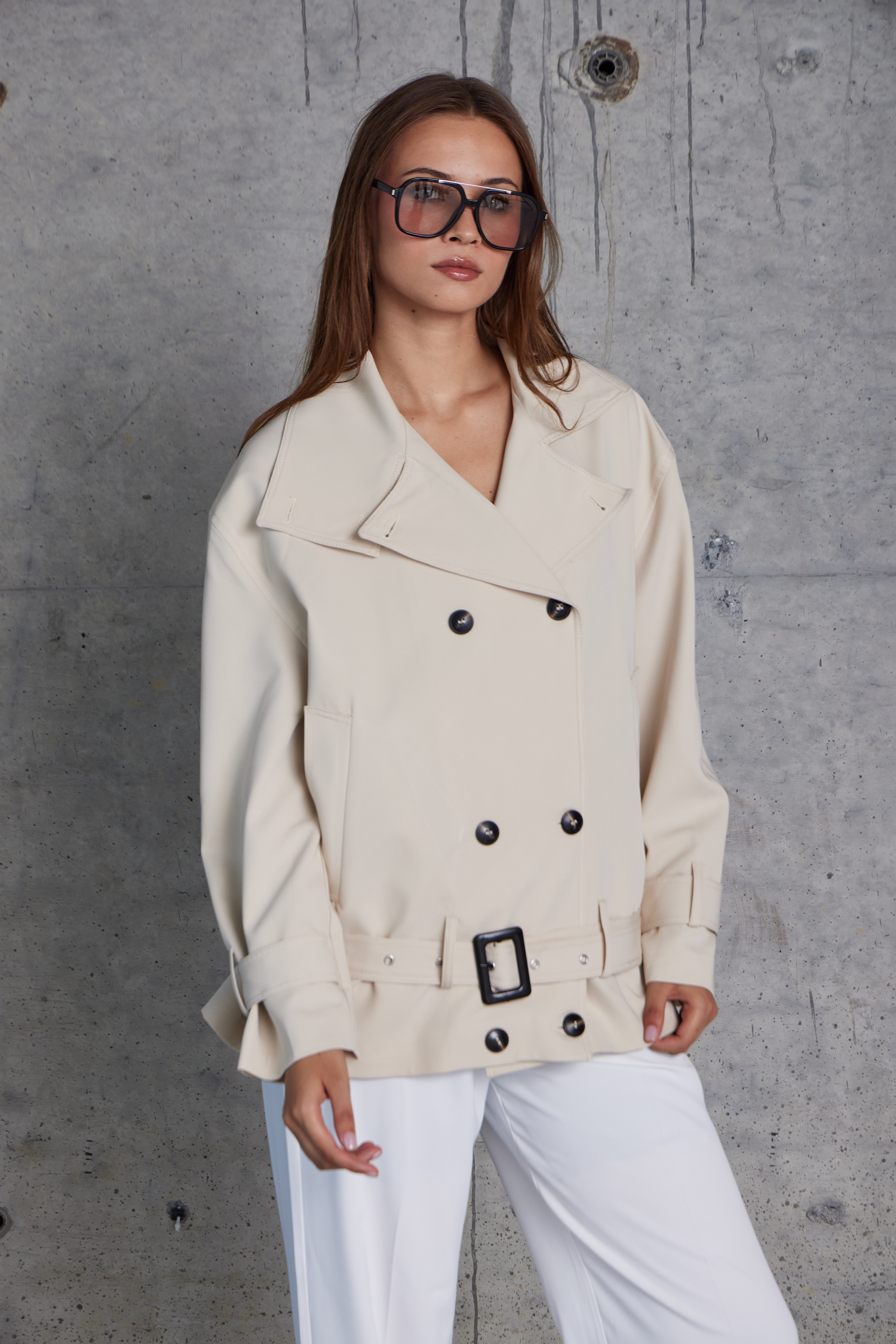 Tokalı Kemerli Premium Oversize Trenç Mont (Taş)