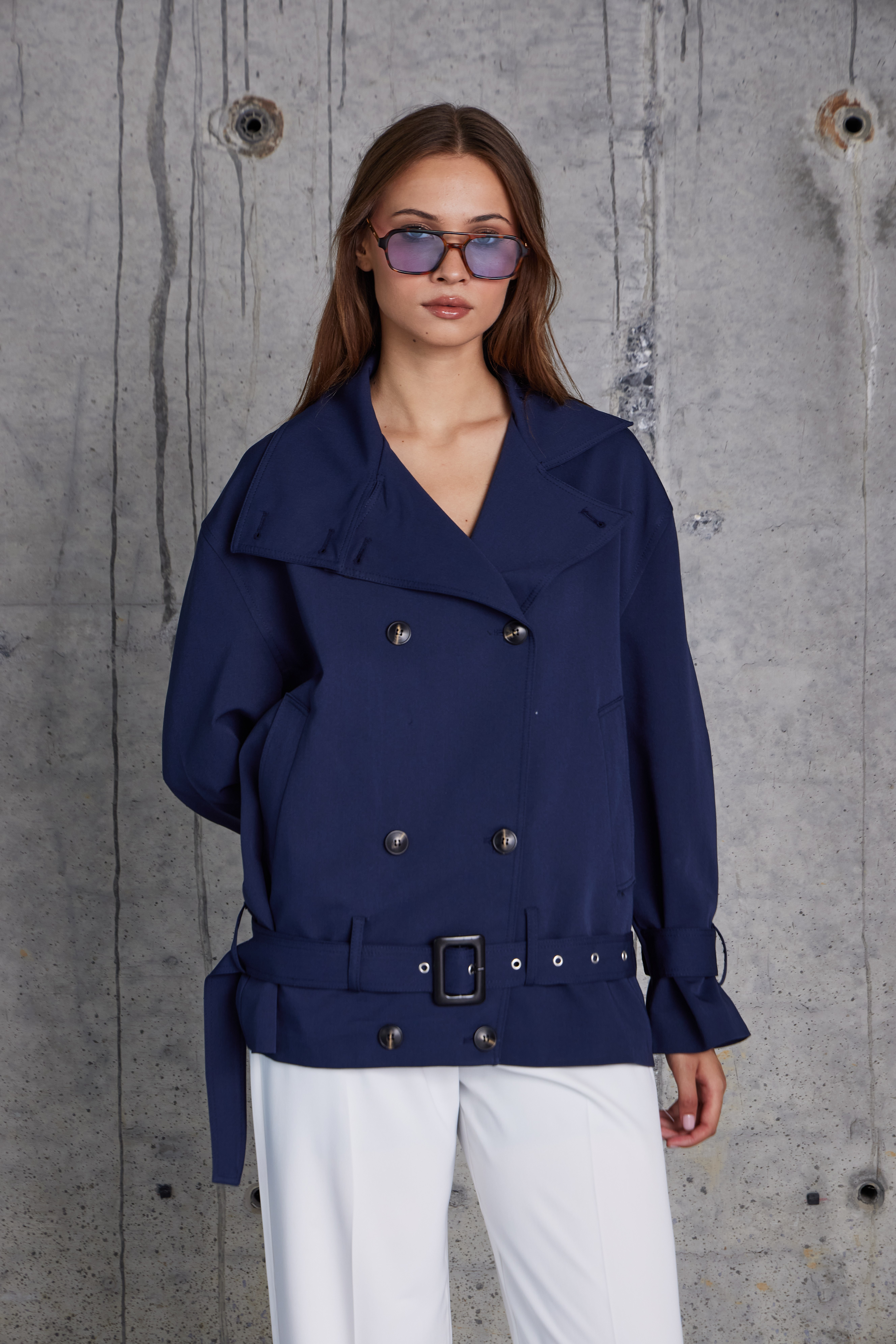 Tokalı Kemerli Premium Oversize Trenç Mont (Lacivert)