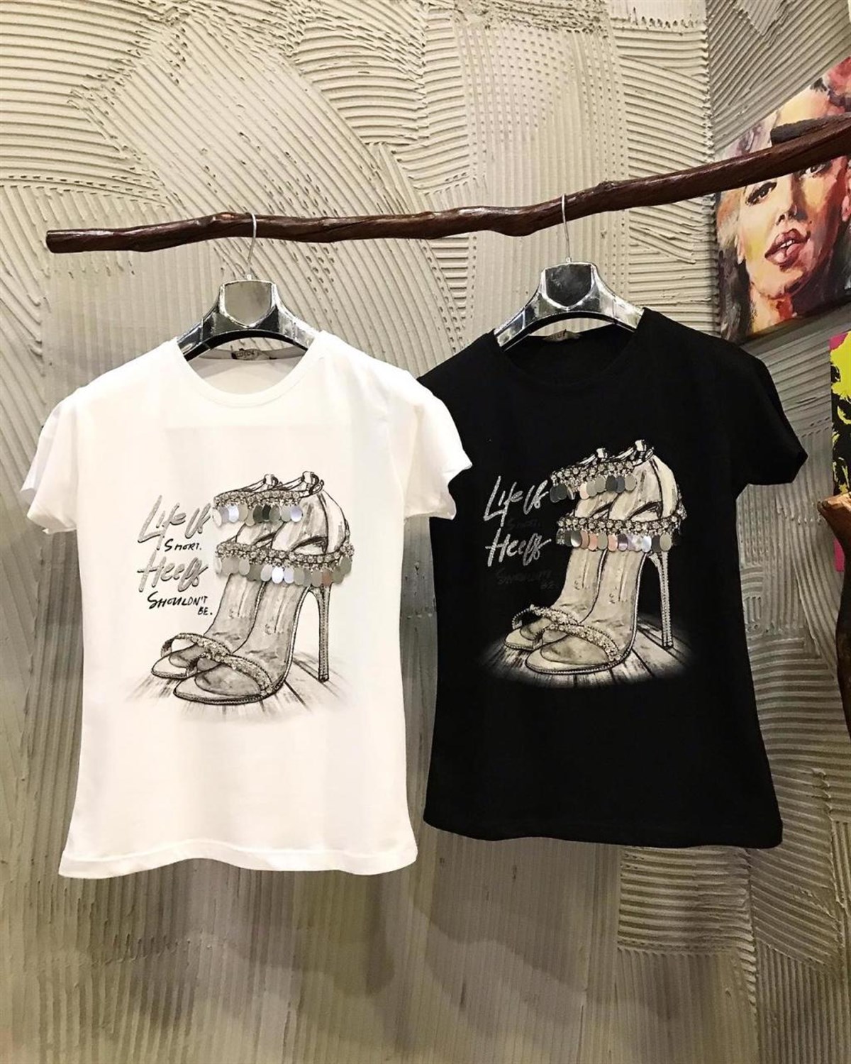 Topuklu Ayakkabı Payet Taş İşçilikli Tshirt (BEYAZ & SİYAH)
