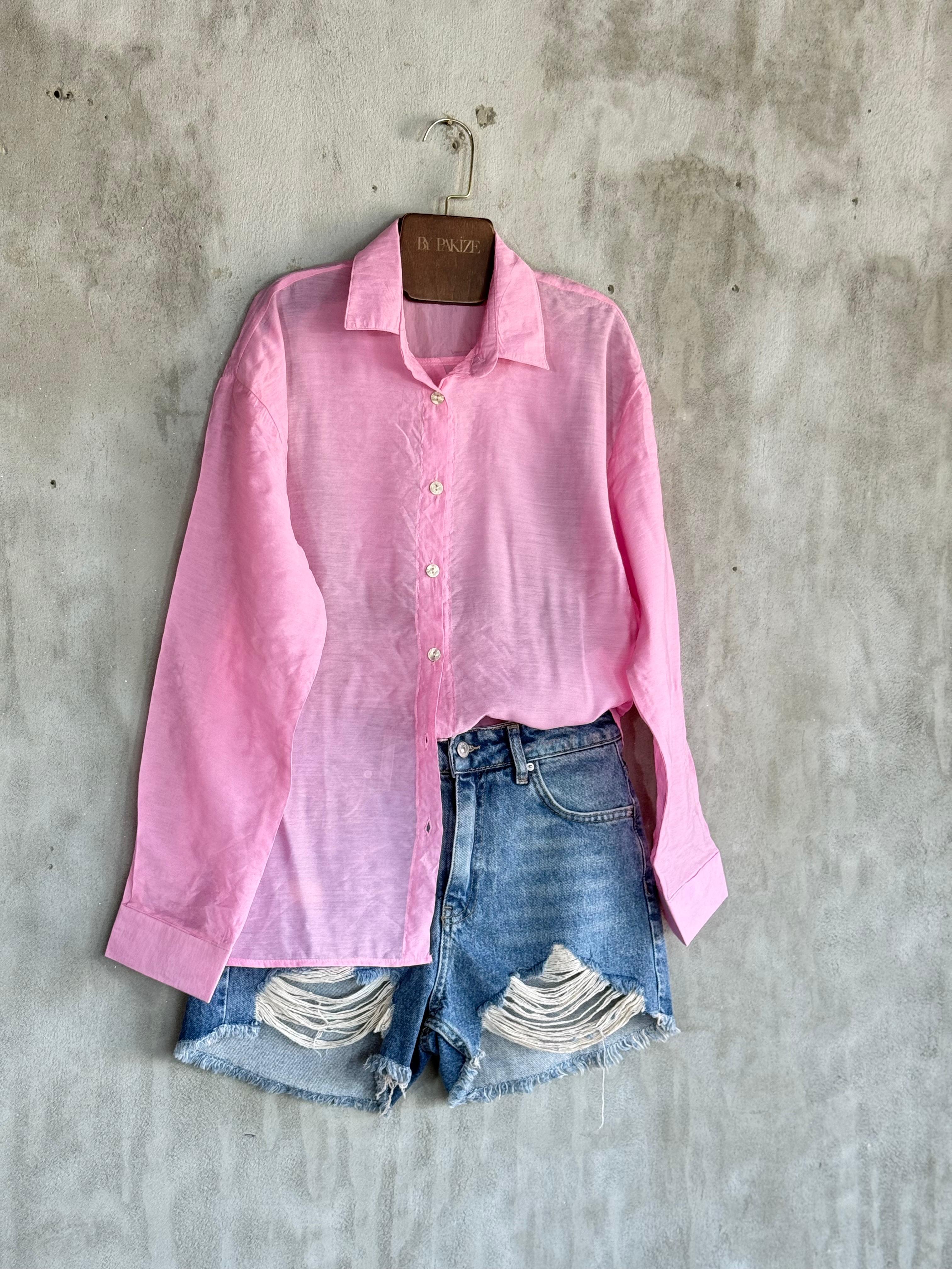 Transparan Keten Kumaş Oversize Gömlek (Pembe)