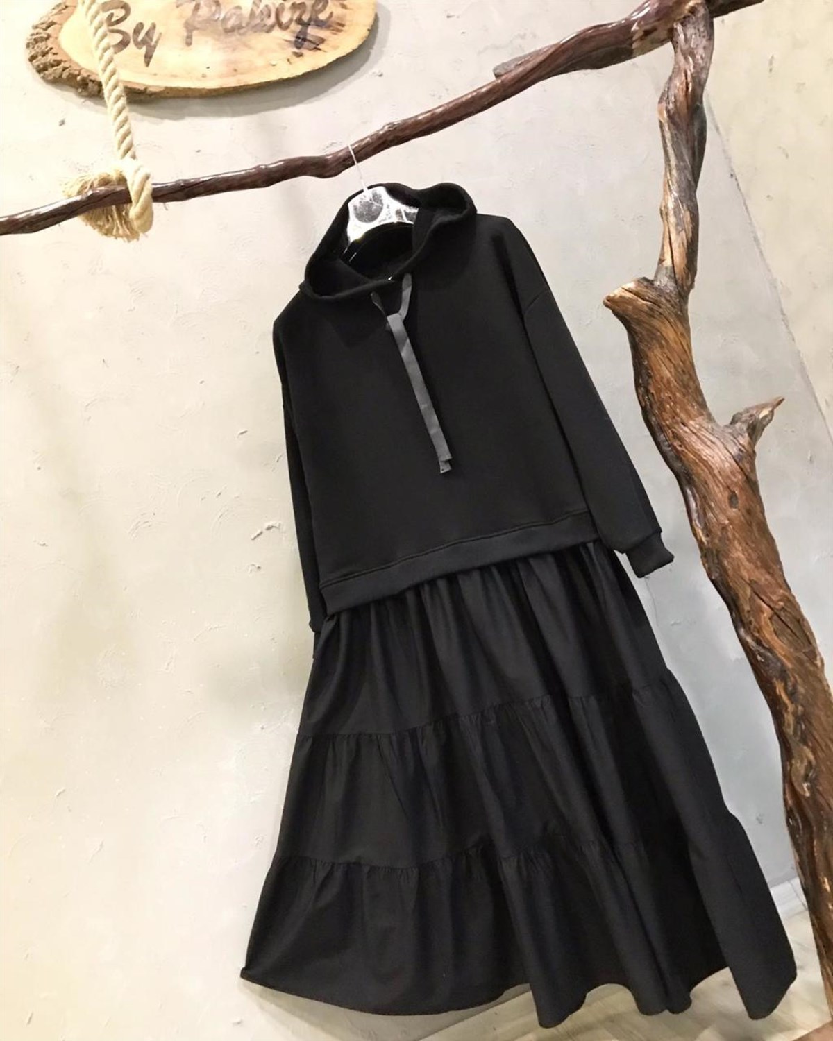 Üstü Sweat Altı Coton Kumaş Elbise (SİYAH)