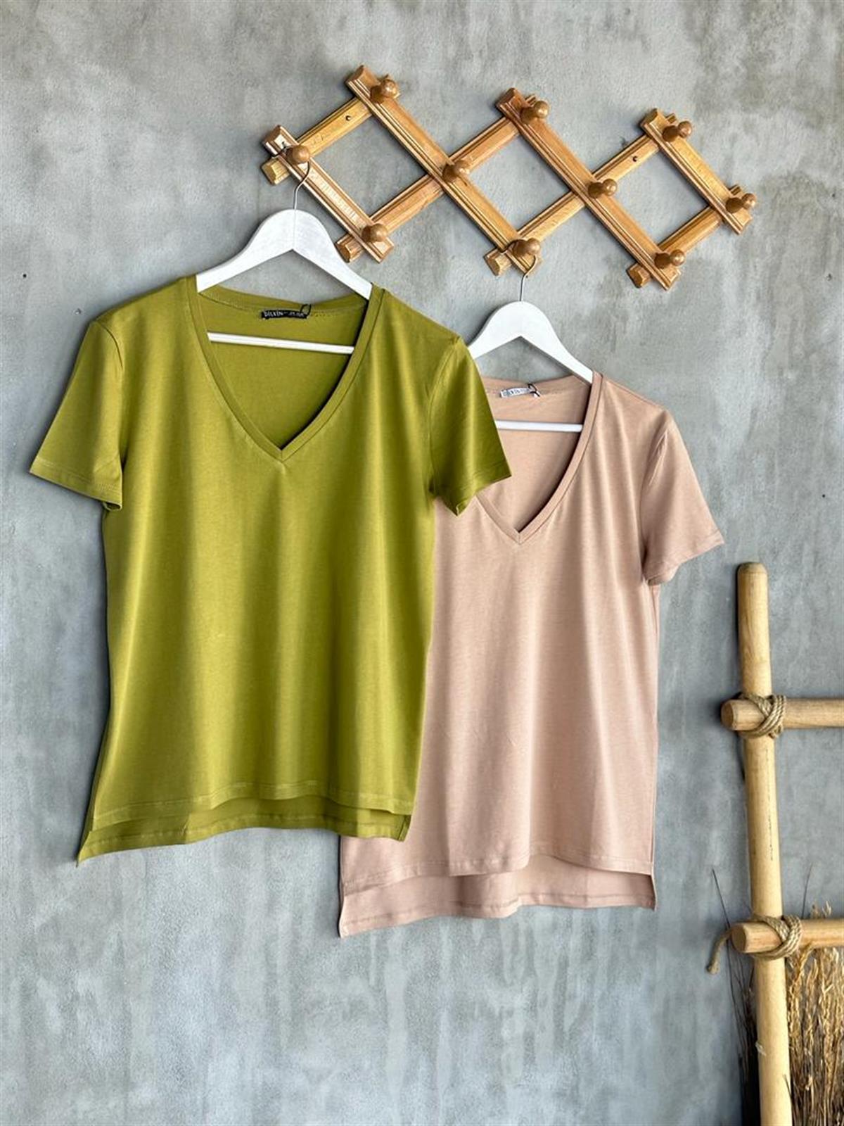V Yaka Dilvin Basic T-Shirt (Haki/Bej)