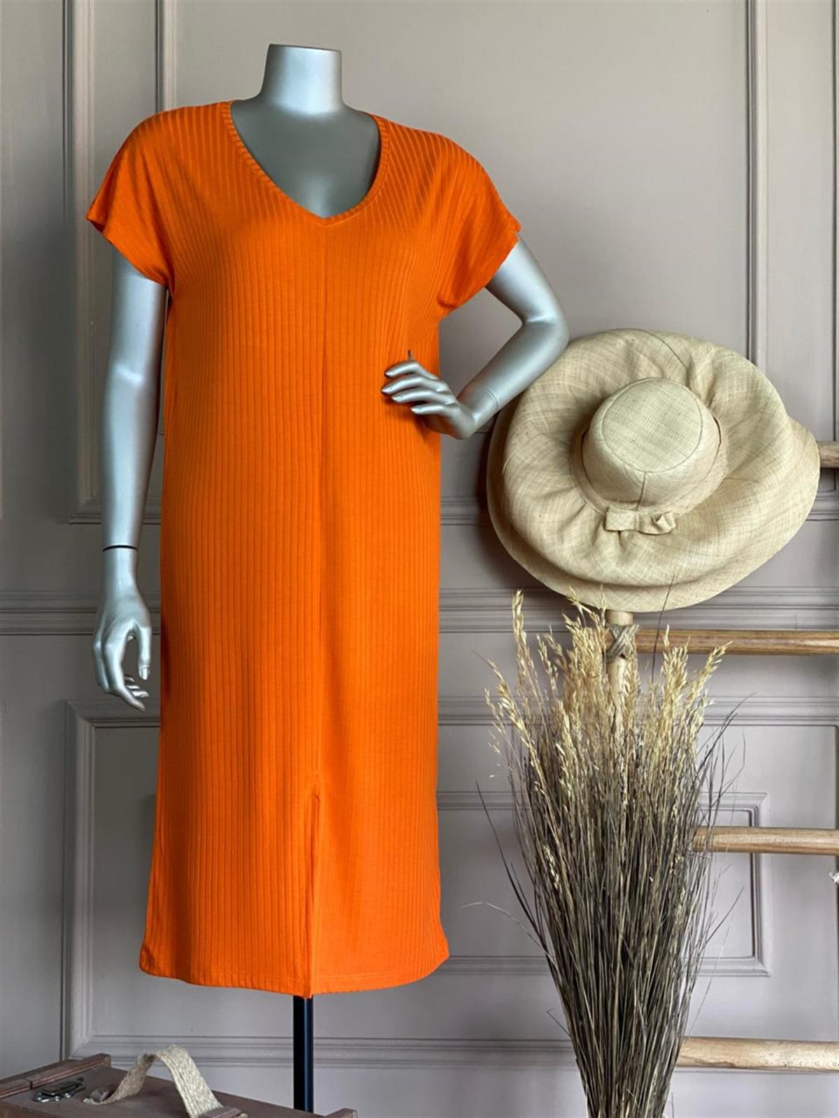 V Yaka Kaşkorse Elbise (Oranj)