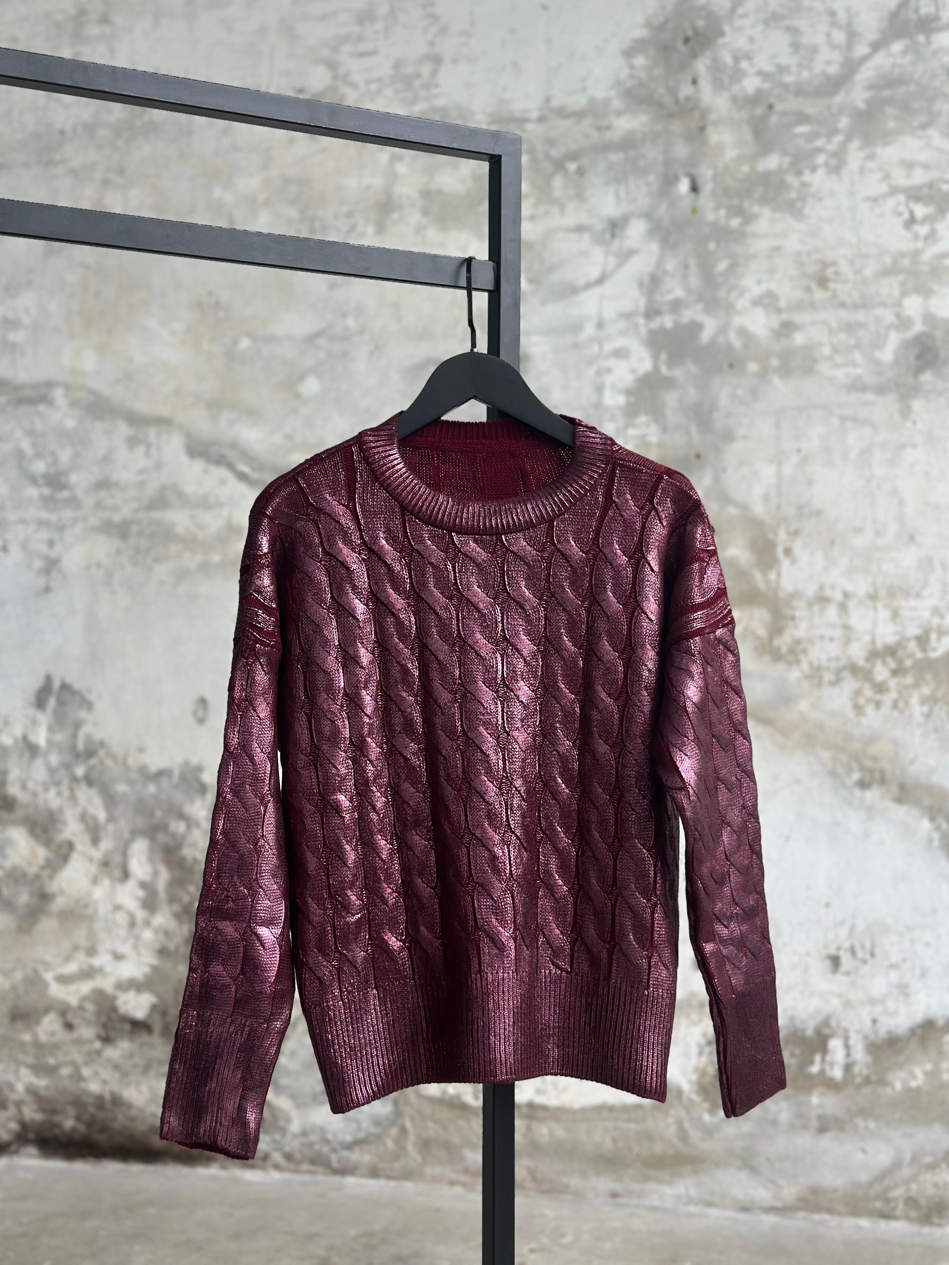 Varak Kaplamalı Saç Örgü Kazak (Bordo)