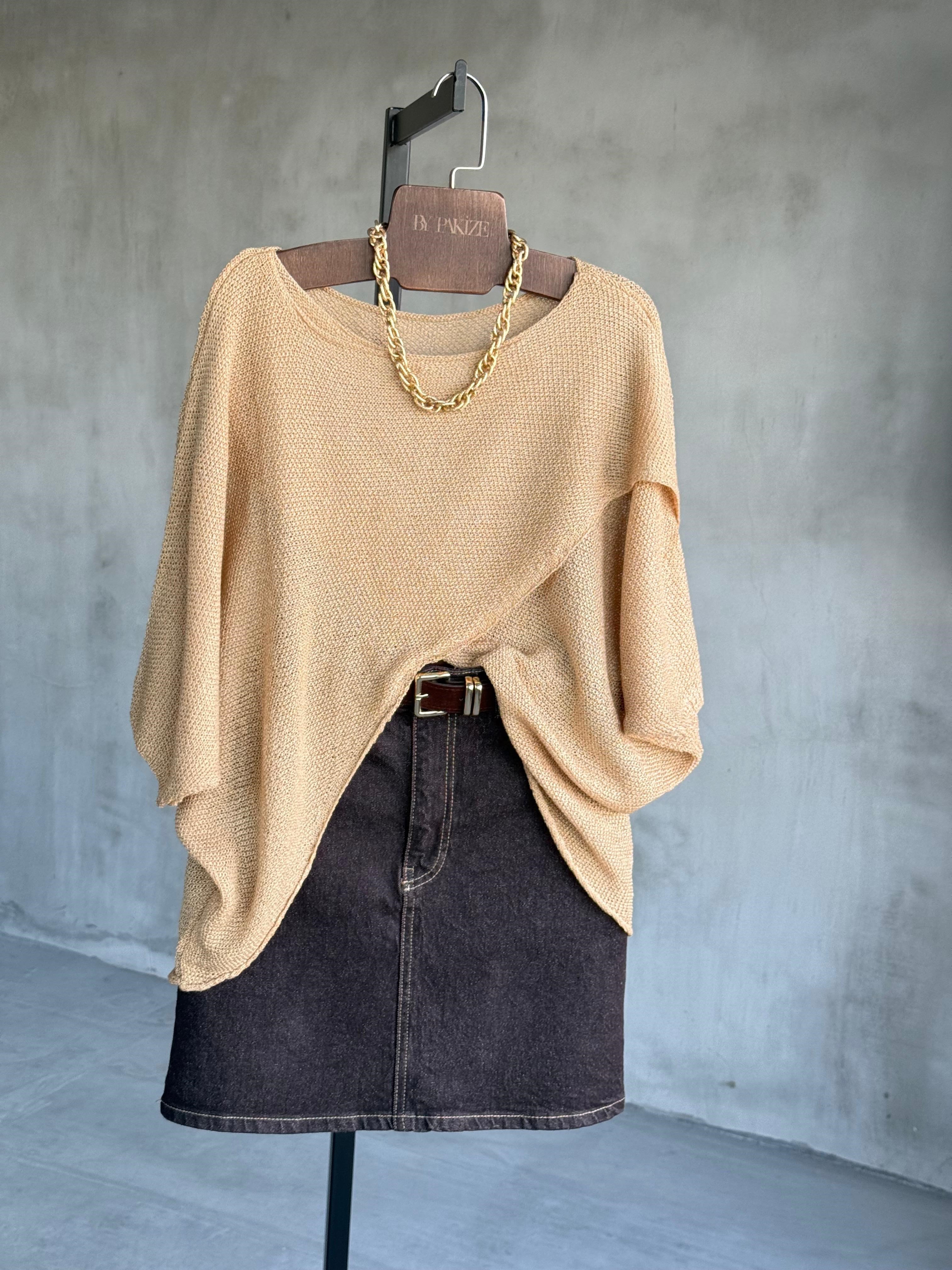 Verev Kesim Asimetrik Merserize Bluz (Camel)