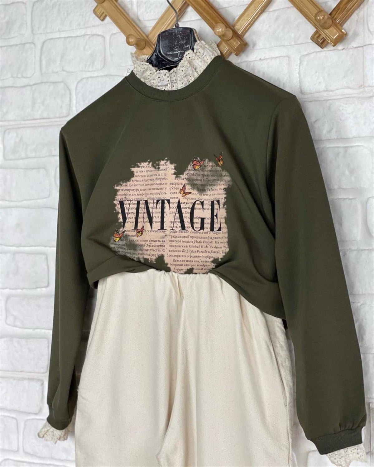 Vintage Baskı Desenli sweat (YEŞİL)