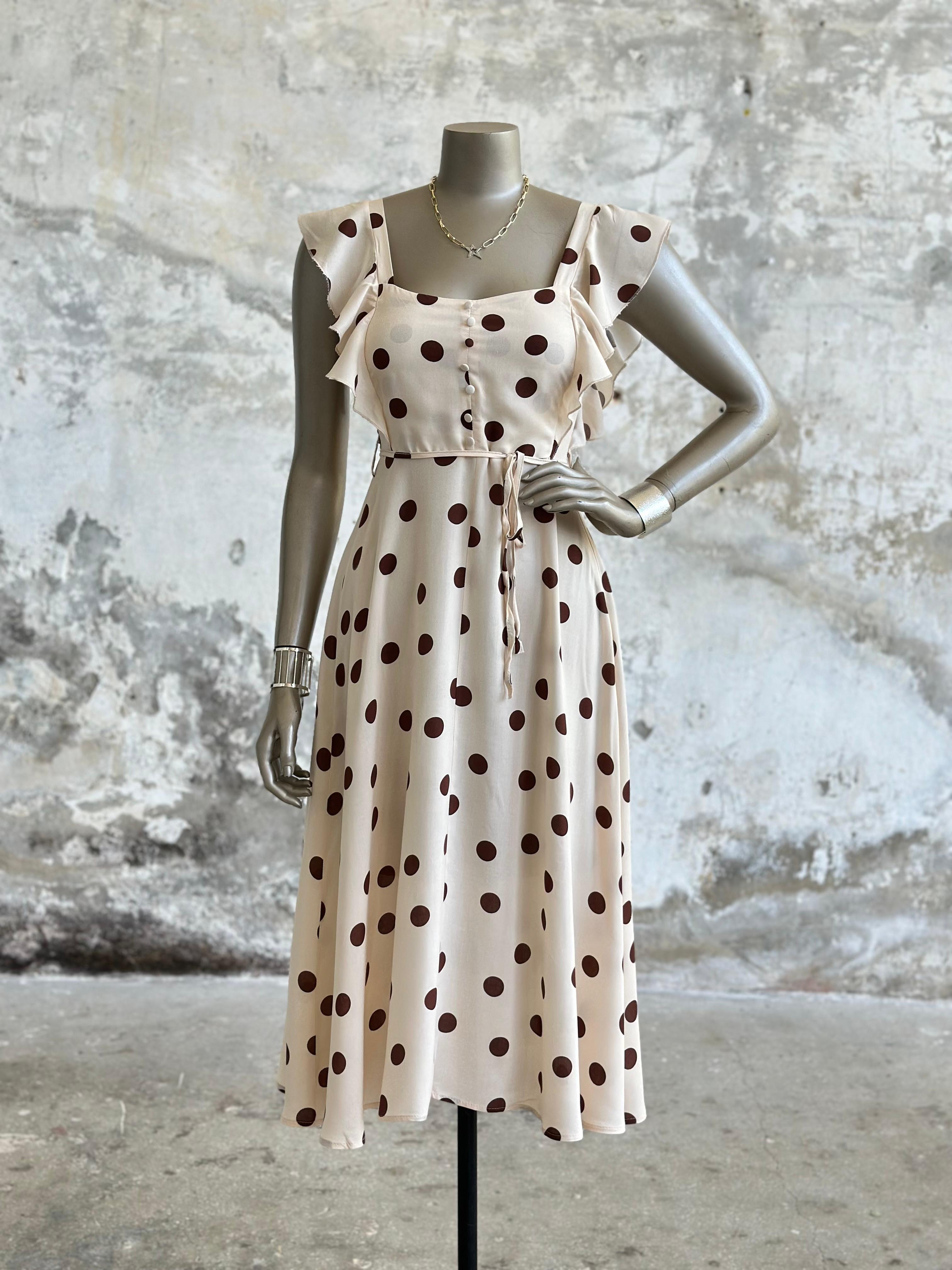 Vintage Kahve Puantiyeli Prenses Model Elbise (Ekru)