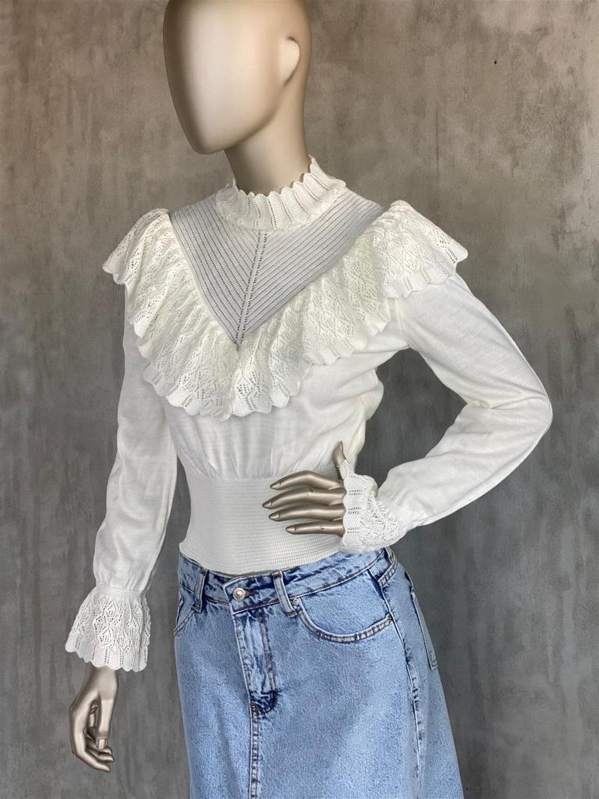 Vintage Model Beli Korseli Triko Kazak (Beyaz)