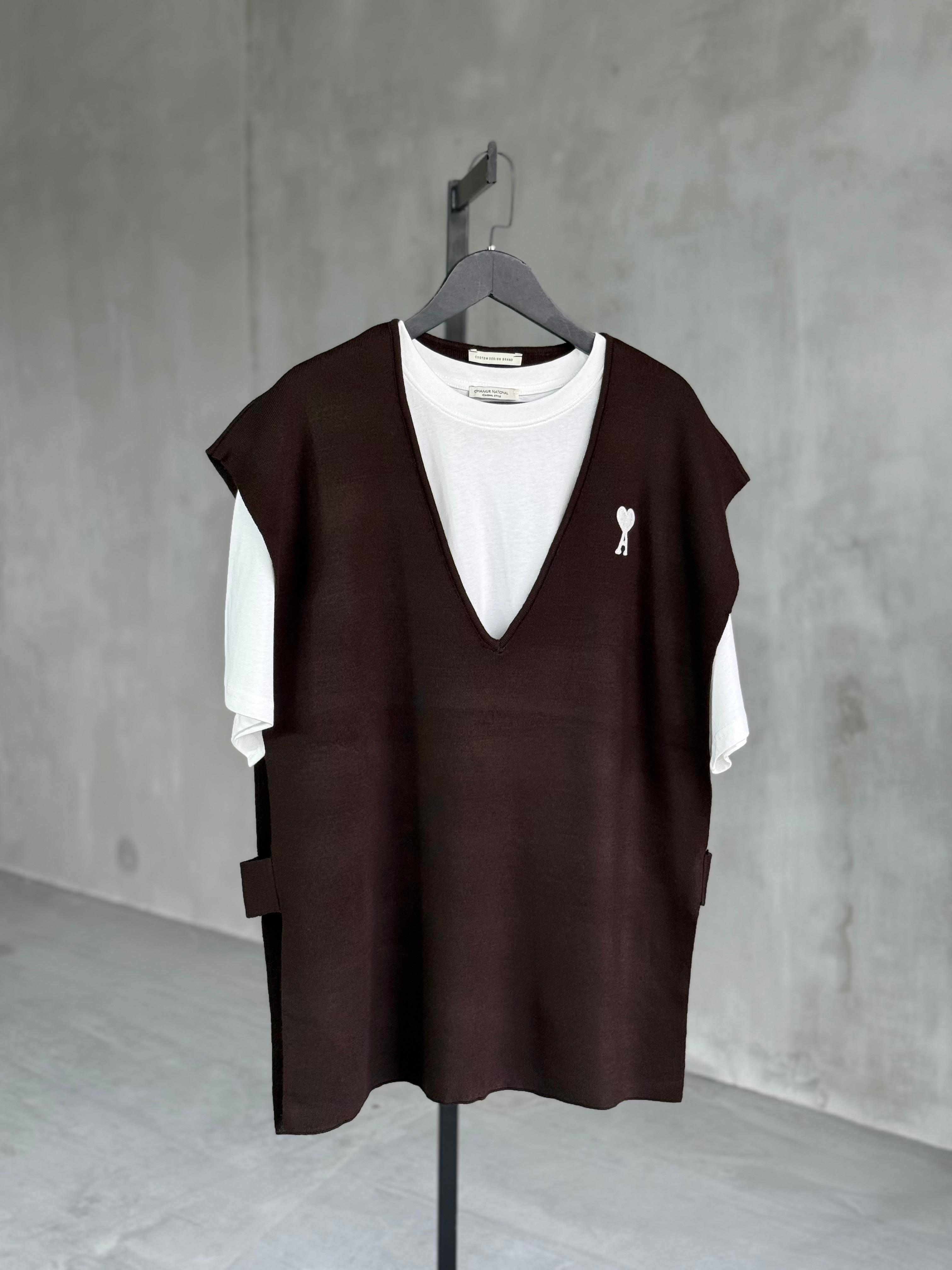 Yan Bantlı Triko Oversize Süveter (Kahve)