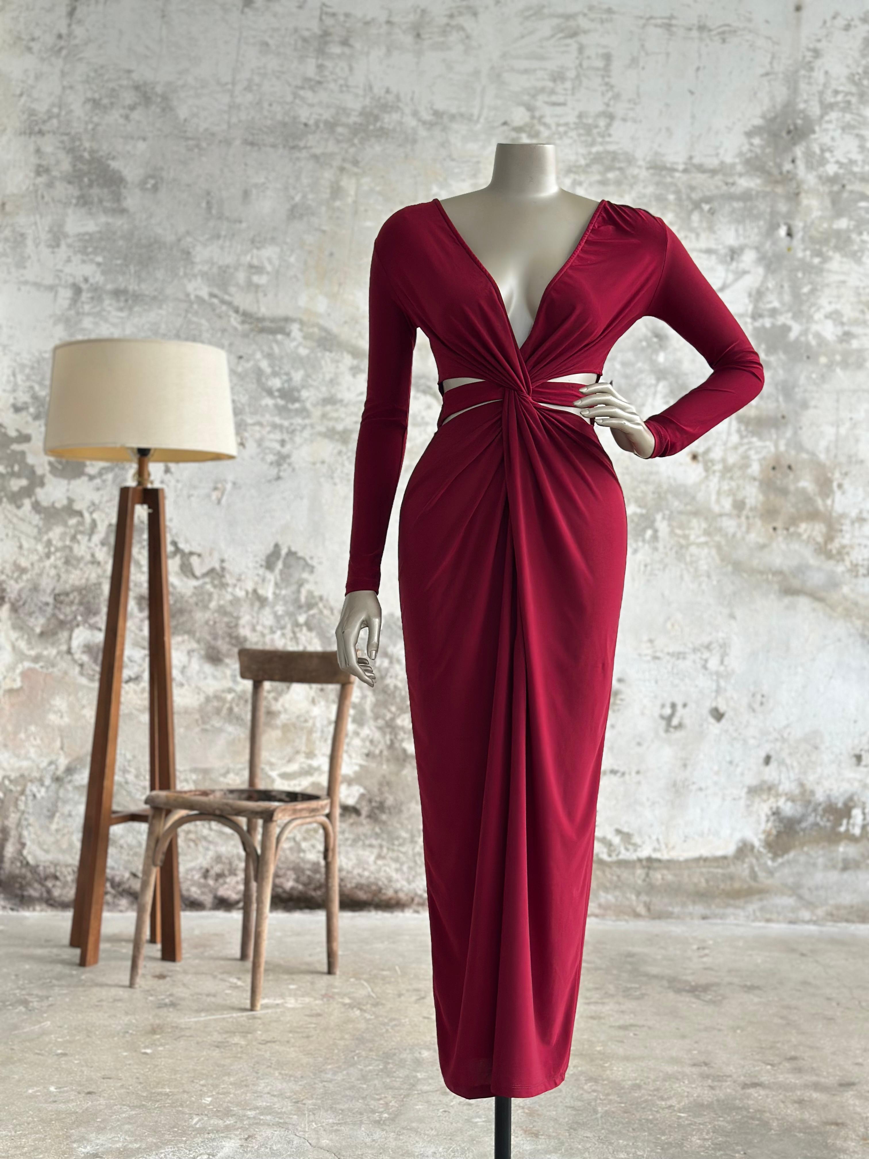 Yanları Pencere Detaylı Midi Elbise (Bordo)