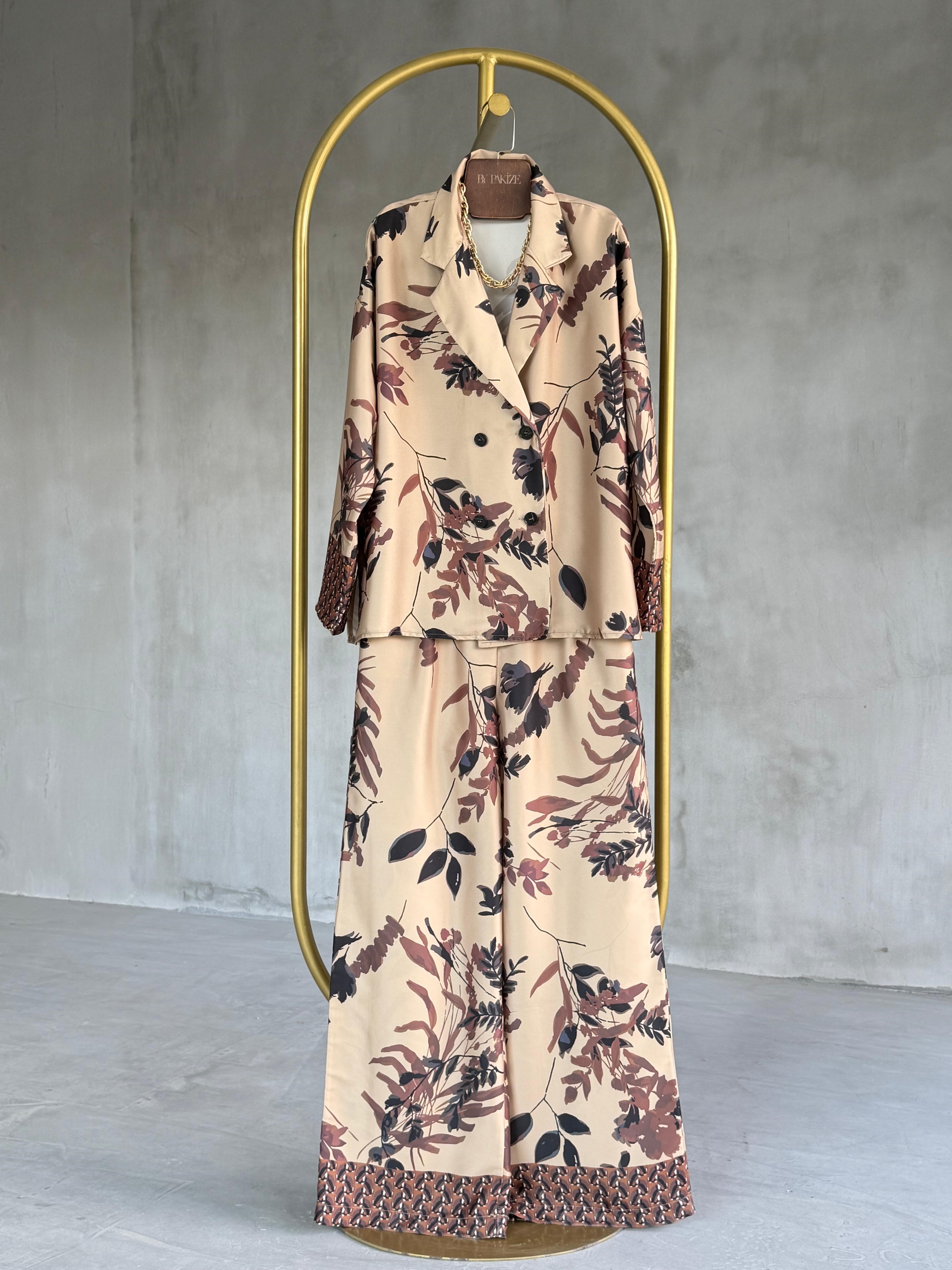 Yaprak Desenli Saten Kumaş Takım (Sarı)
