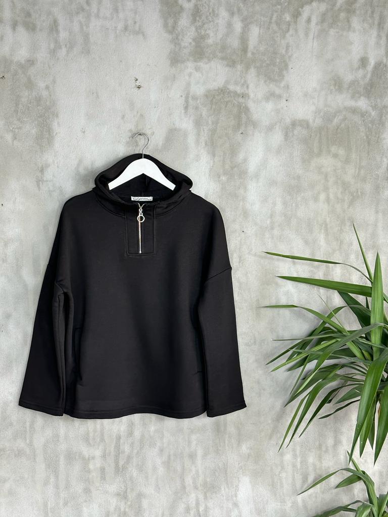Yarım Fermuarlı Kapşonlu Sweat (Siyah)