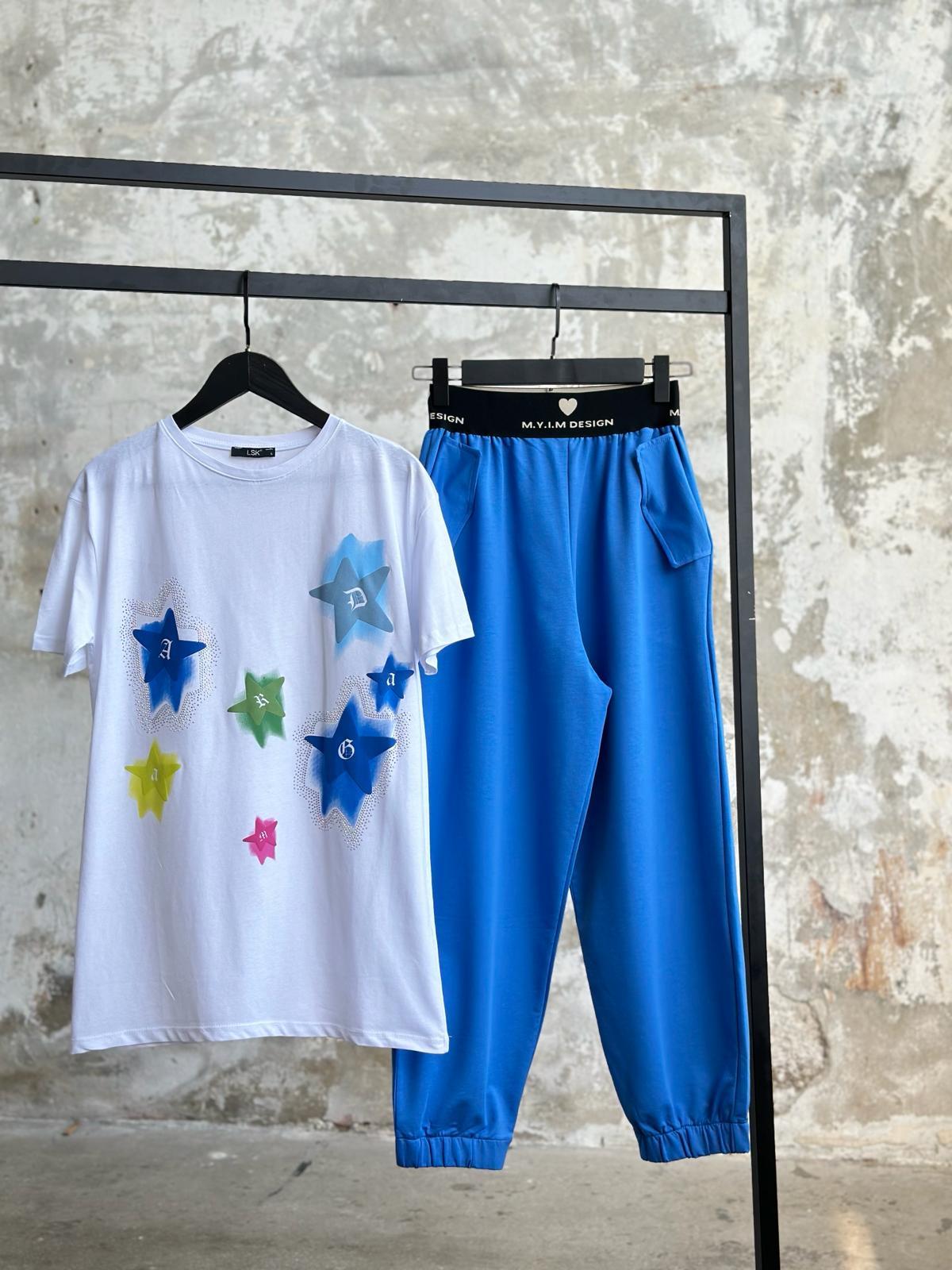 Yıldız Baskılı ve Taş İşçilikli T-Shirt (Beyaz)