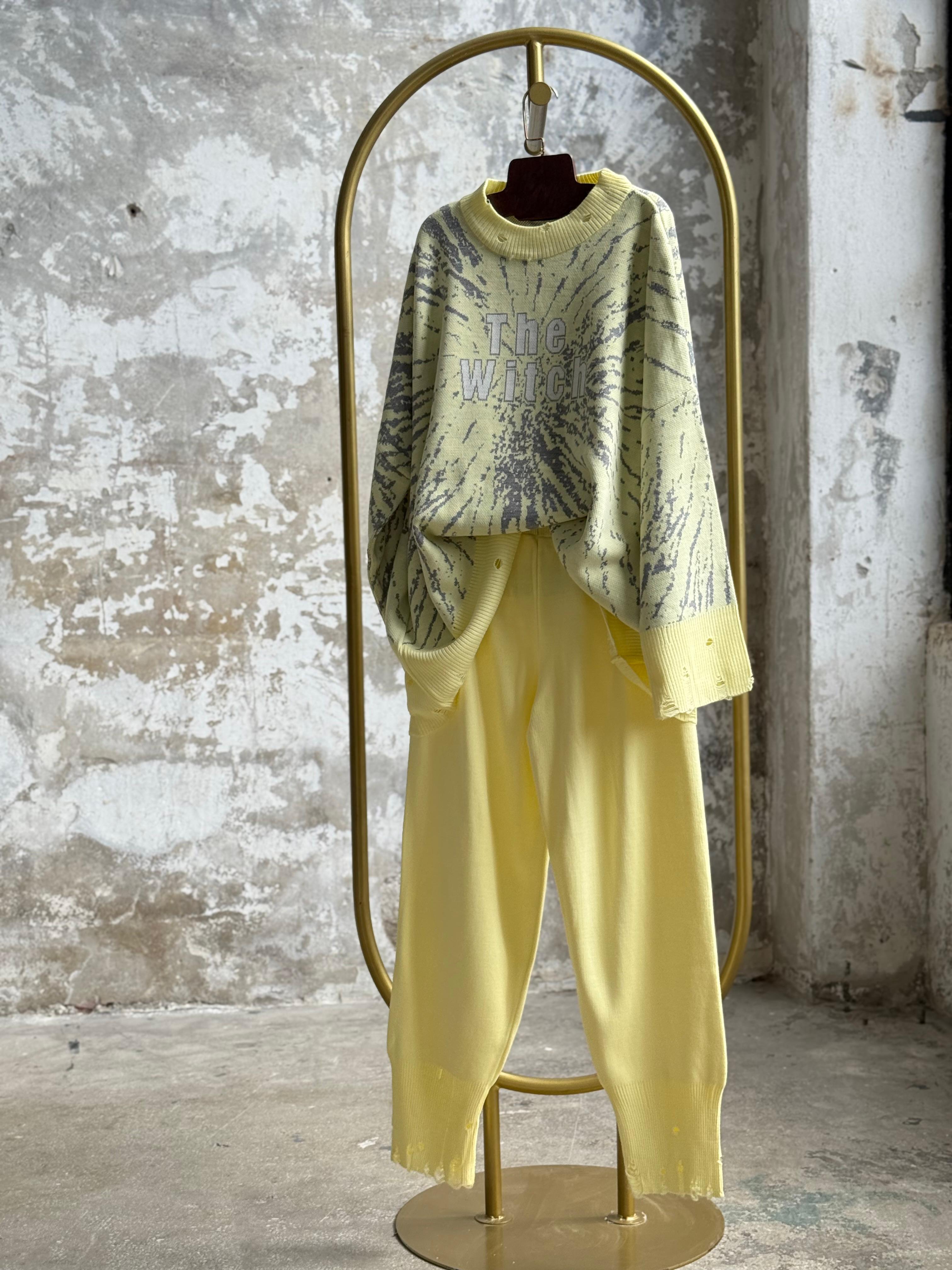 Yırtık Detaylı Oversize Triko Takım (Limon Sarısı)